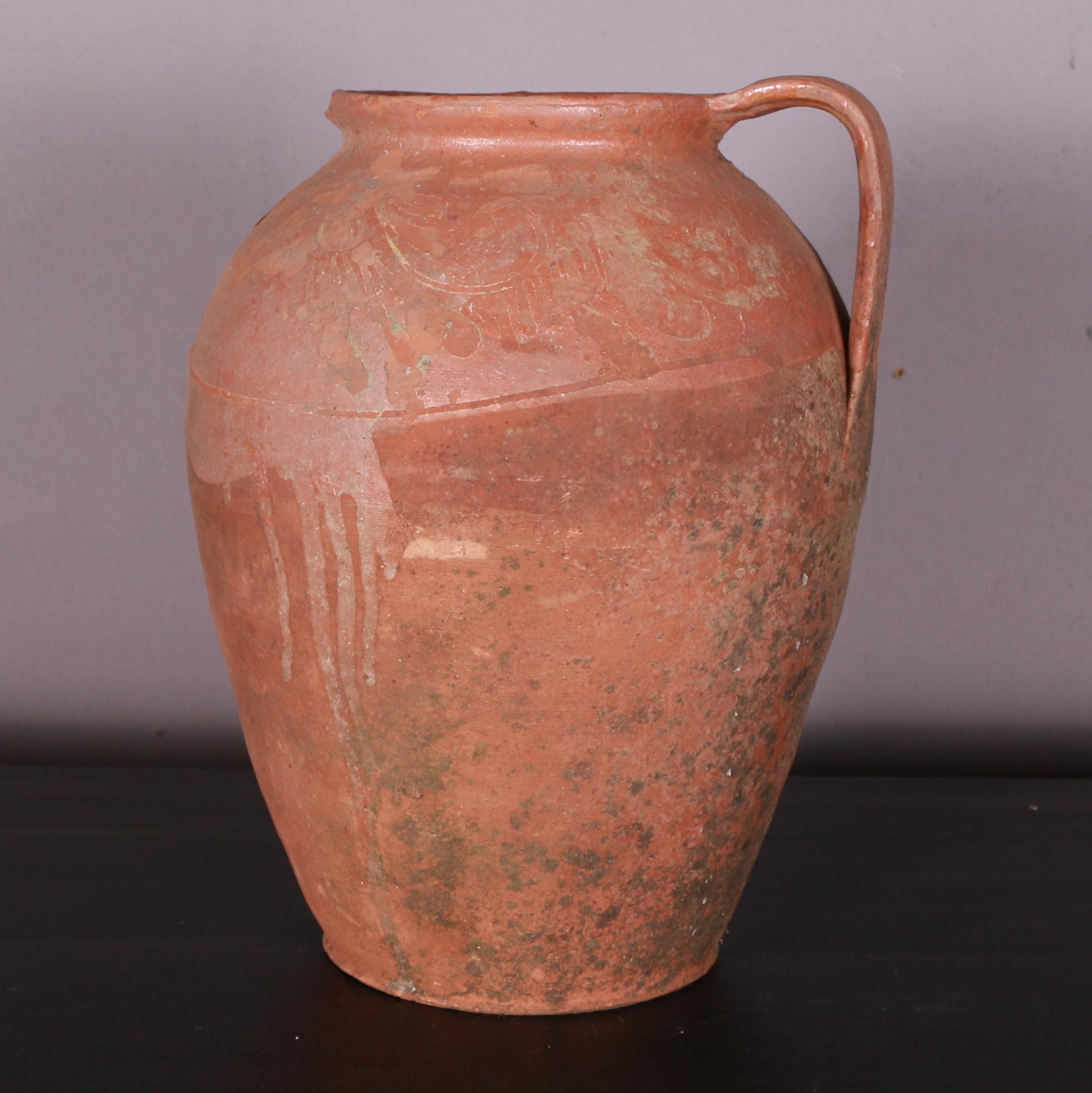 19th C decorative antique Spanish pot with red glaze. 1890.

This is missing a handle as photographed.

Reference: 7483

Dimensions
13.5 inches (34 cms) High
11 inches (28 cms) Diameter.