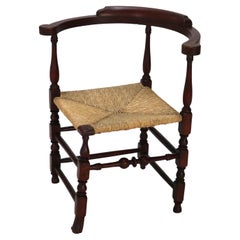 Antique Spanish Red Wash Finish Maple Corner Chair with Woven Rush Seat 18thC