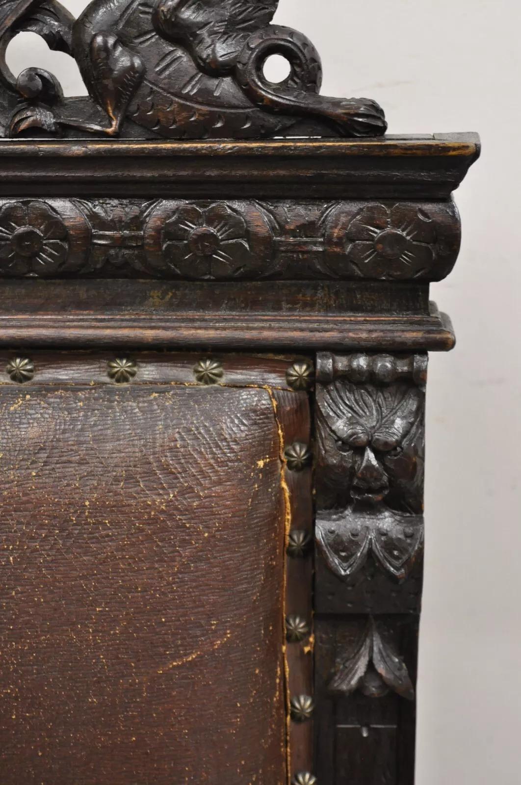 Antique Spanish Renaissance Carved Oak Wood Figural Leather Side Chairs - a Pair For Sale 5