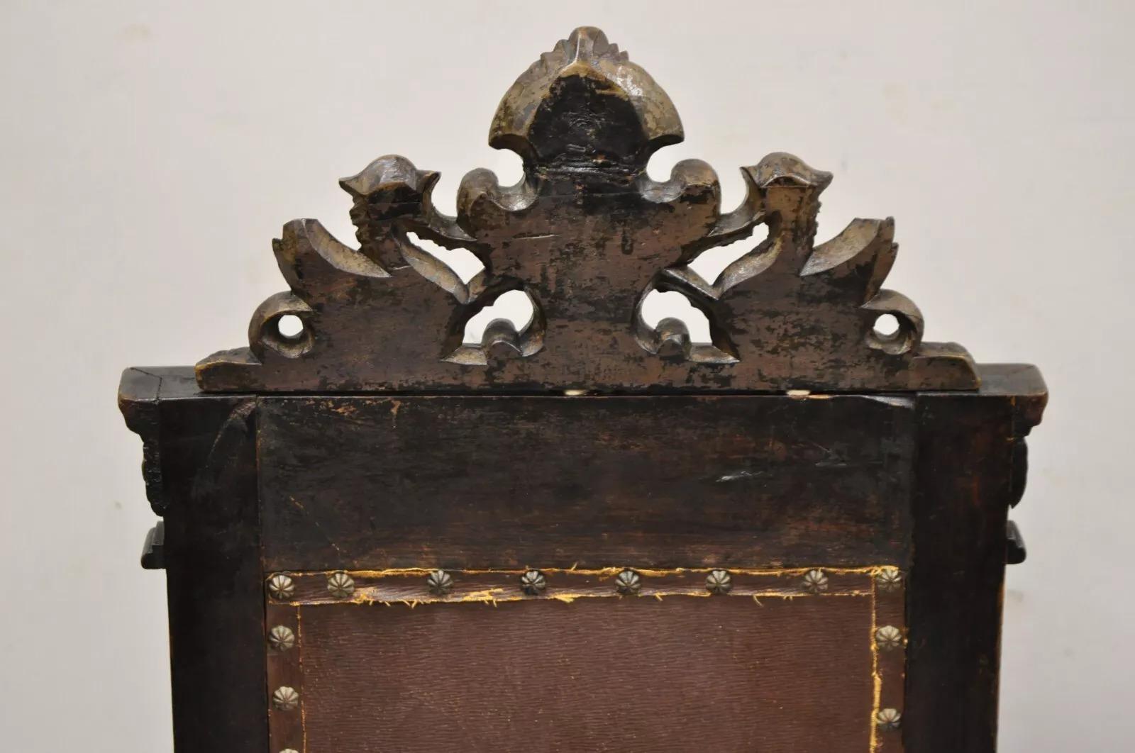 Antique Spanish Renaissance Carved Oak Wood Figural Leather Side Chairs - a Pair For Sale 6