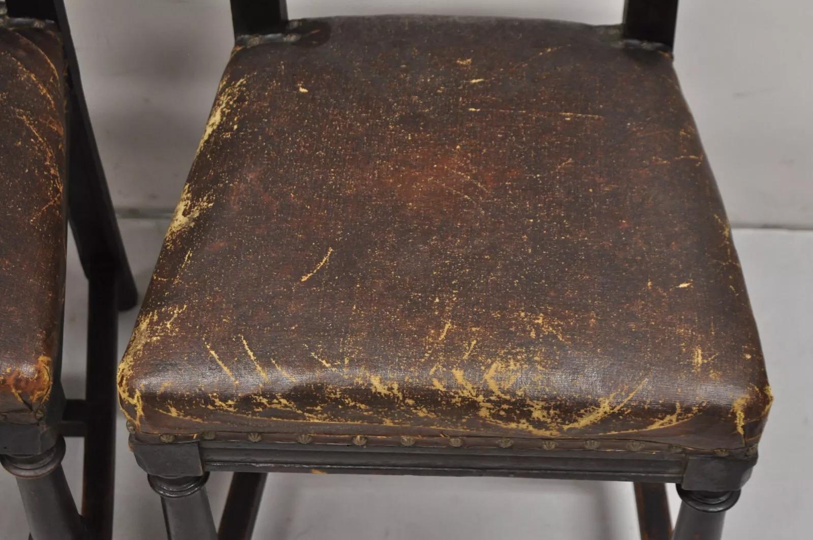 Antique Spanish Renaissance Carved Oak Wood Figural Leather Side Chairs - a Pair For Sale 7