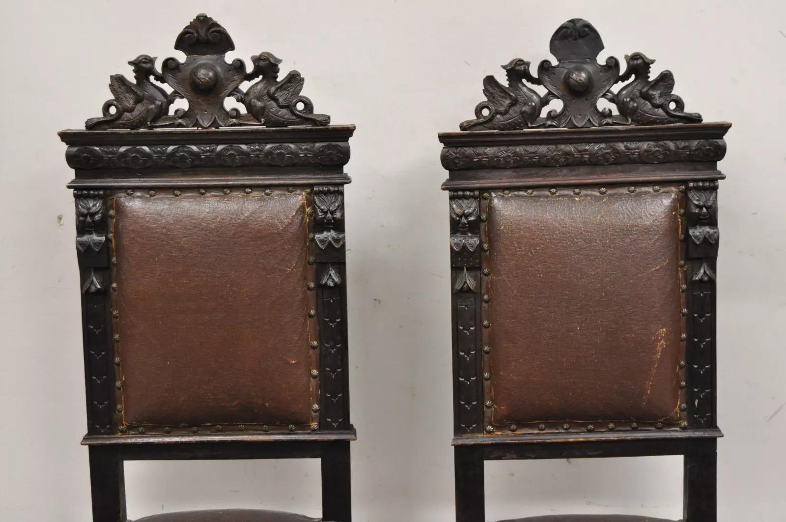 Unknown Antique Spanish Renaissance Carved Oak Wood Figural Leather Side Chairs - a Pair For Sale
