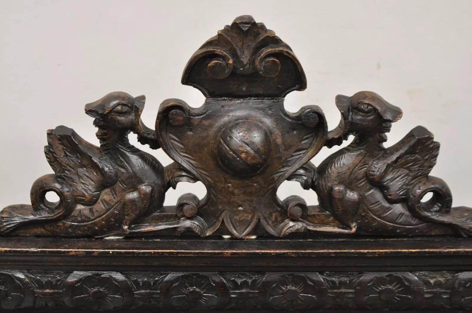 19th Century Antique Spanish Renaissance Carved Oak Wood Figural Leather Side Chairs - a Pair For Sale