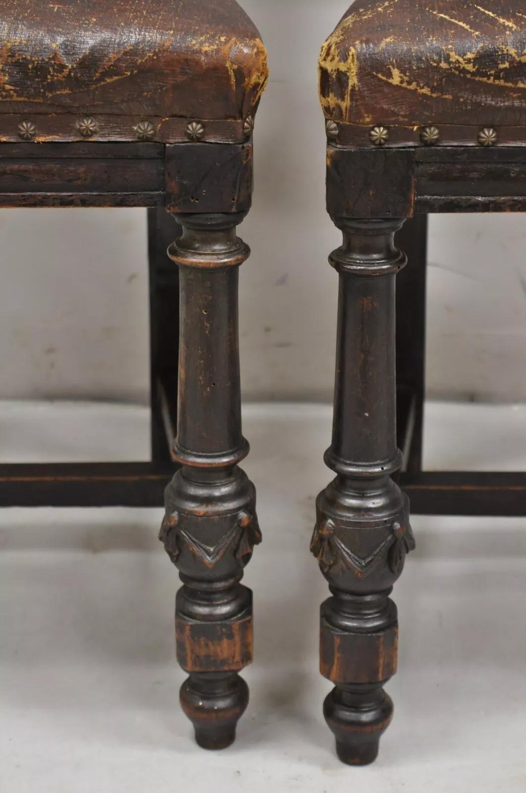 Antique Spanish Renaissance Carved Oak Wood Figural Leather Side Chairs - a Pair For Sale 2
