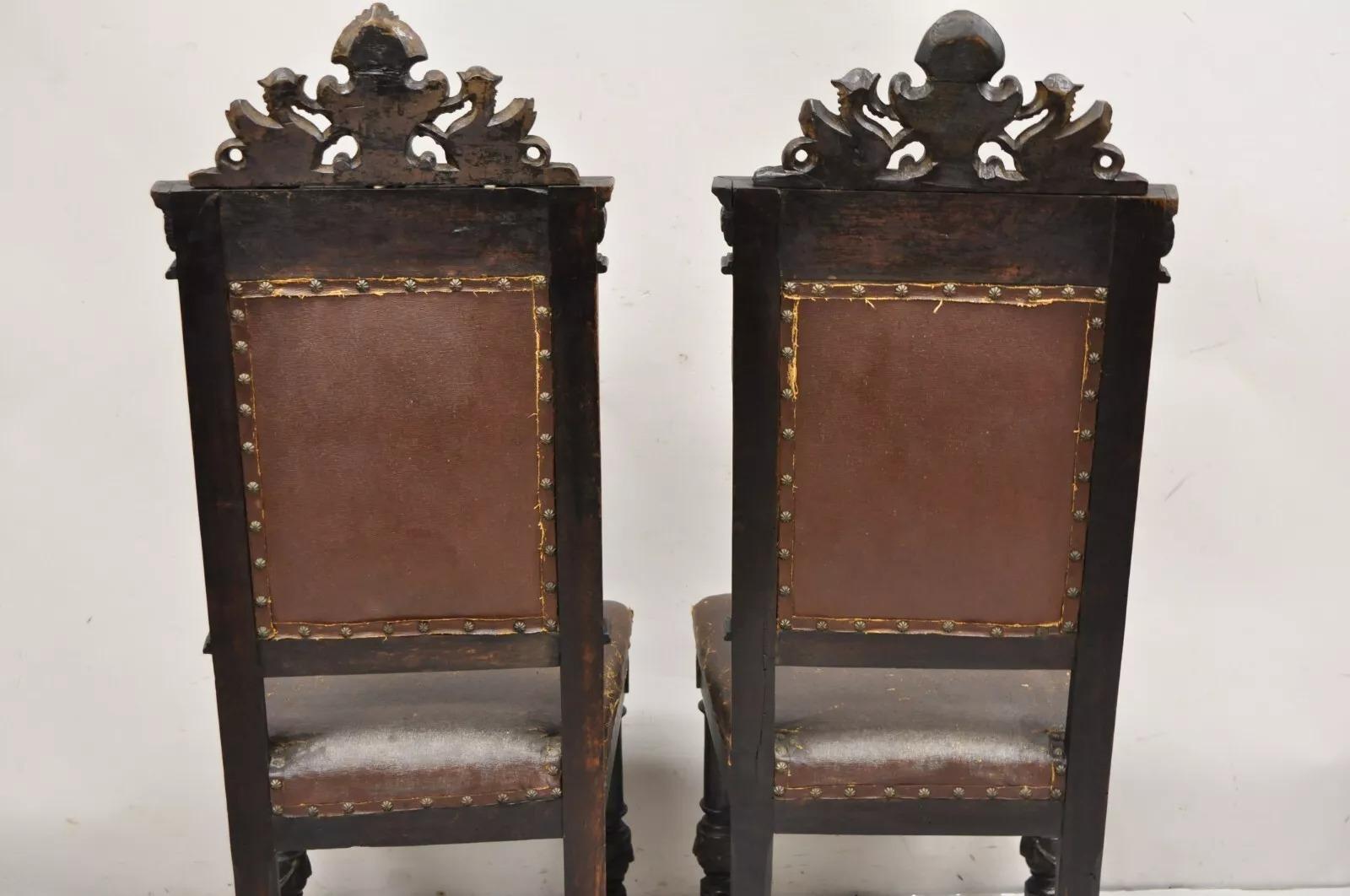 Antique Spanish Renaissance Carved Oak Wood Figural Leather Side Chairs - a Pair For Sale 3