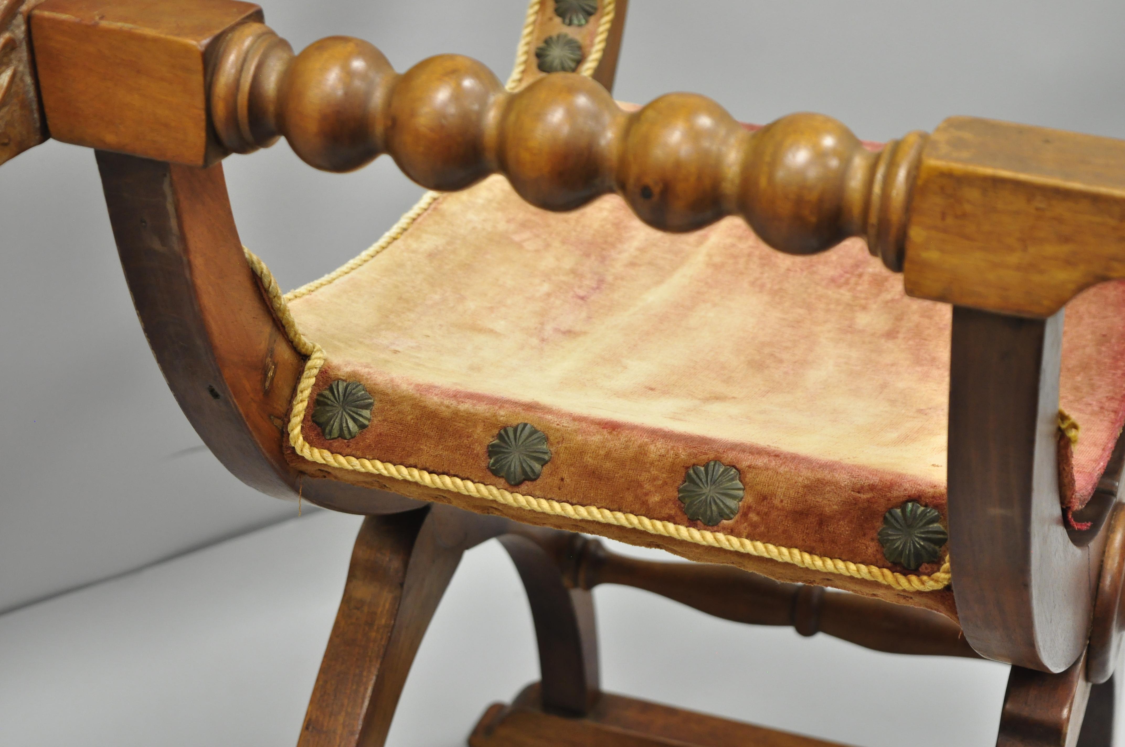 Antique Spanish Renaissance Curule Savonarola Throne Chair Armchair, B 1