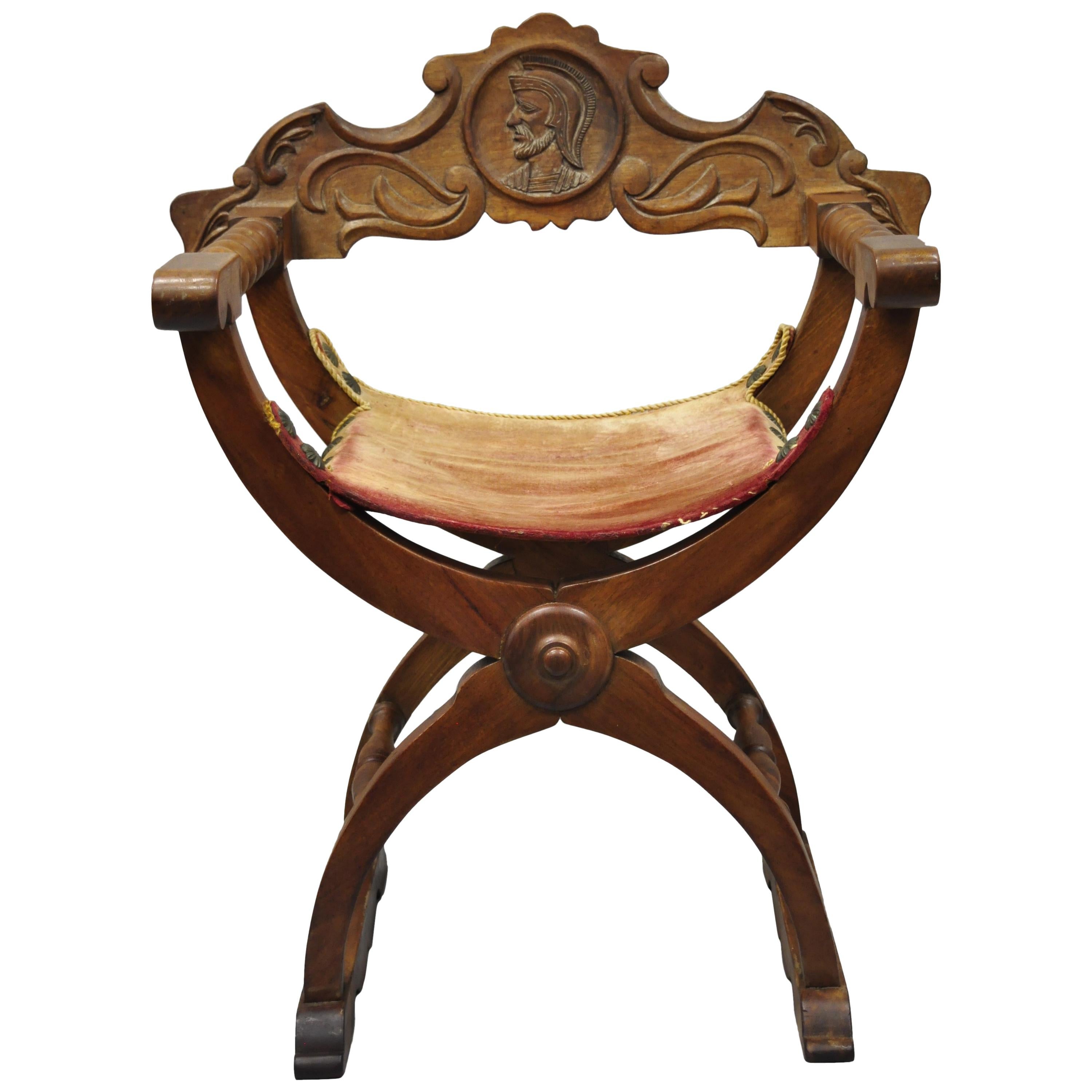 Antique Spanish Renaissance Curule Savonarola Throne Chair Armchair, B