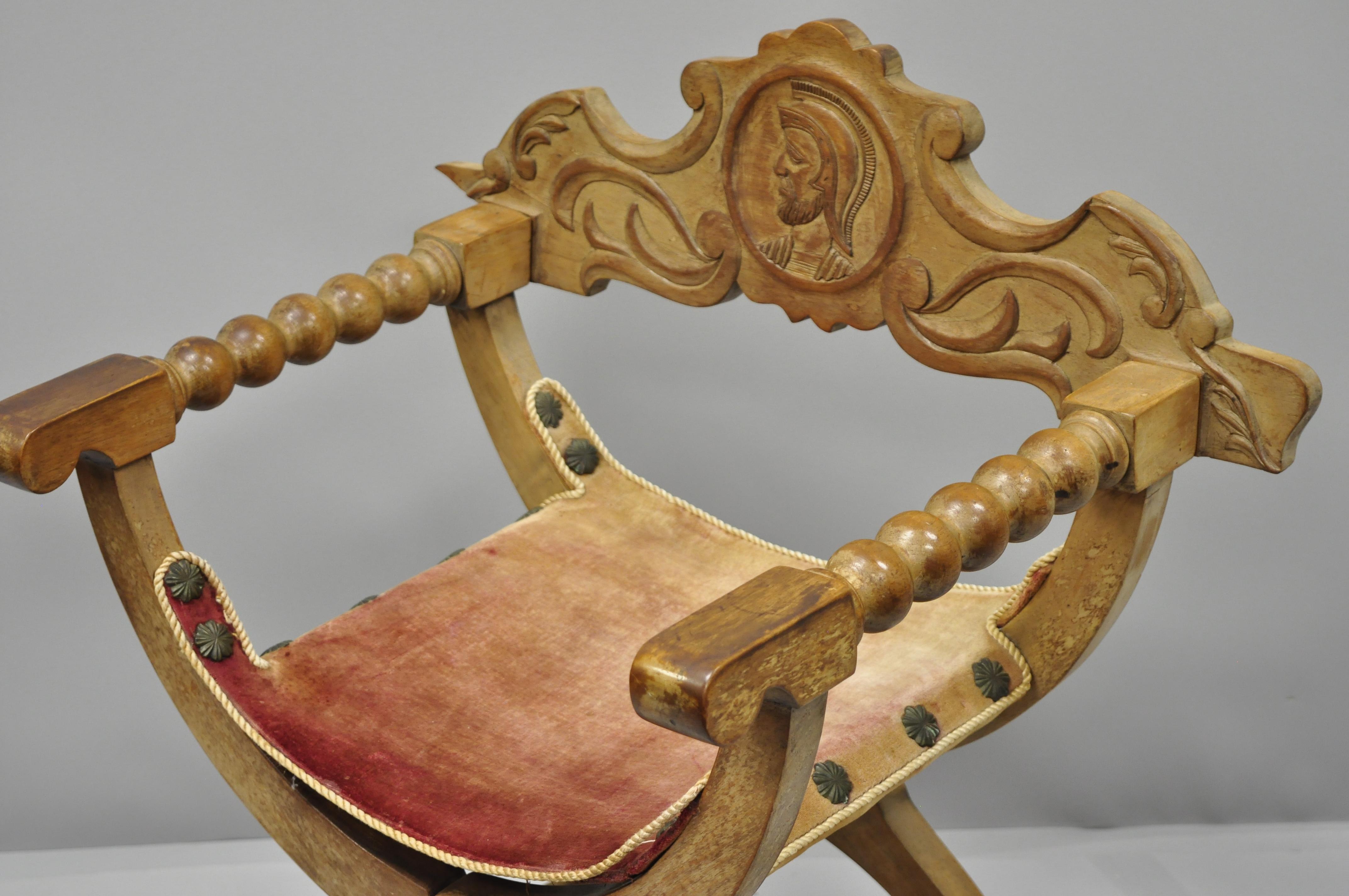 Wood Antique Spanish Renaissance Curule Savonarola Throne Chair Armchair