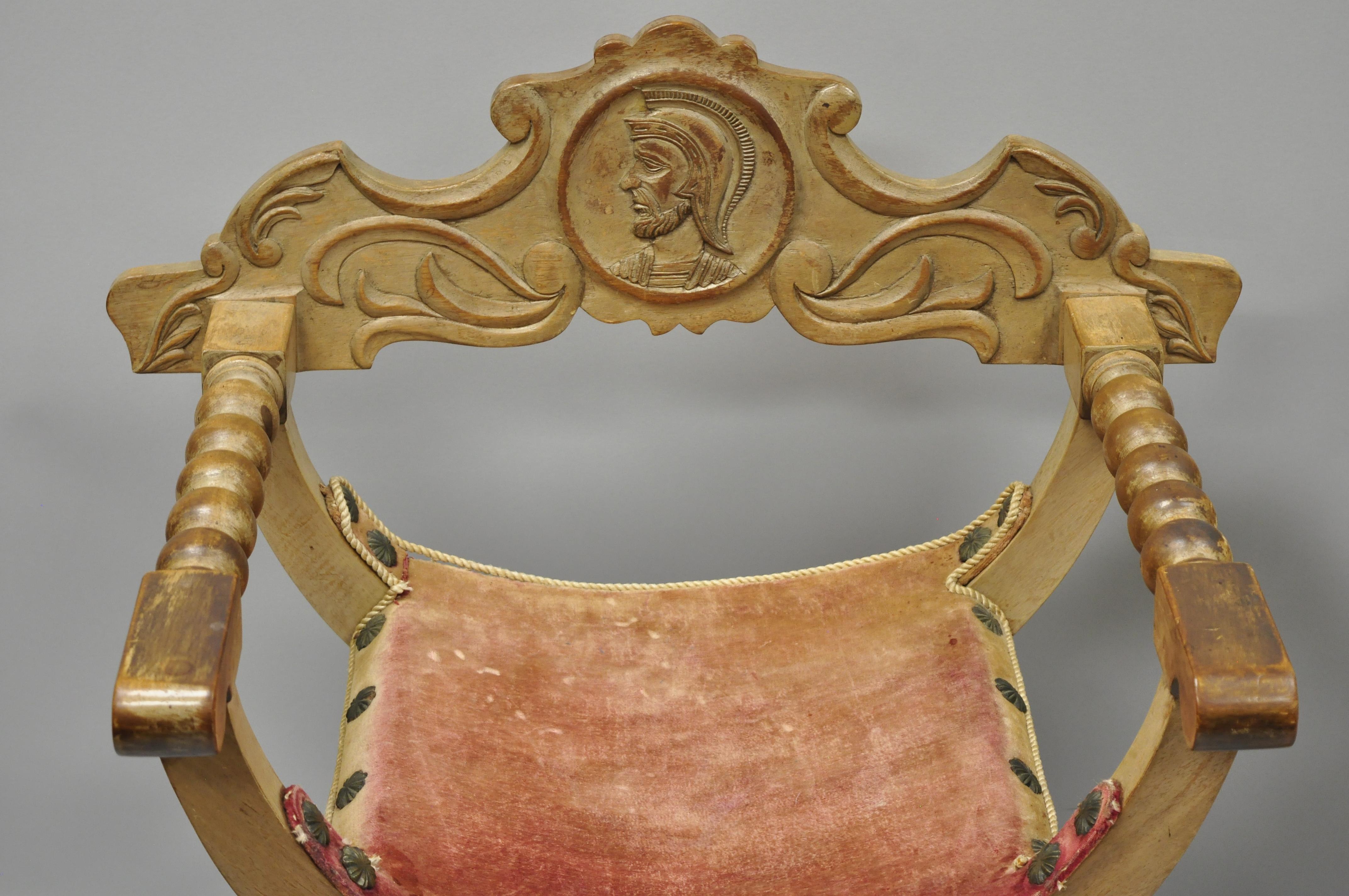 European Antique Spanish Renaissance Curule Savonarola Throne Chairs Armchairs, a Pair