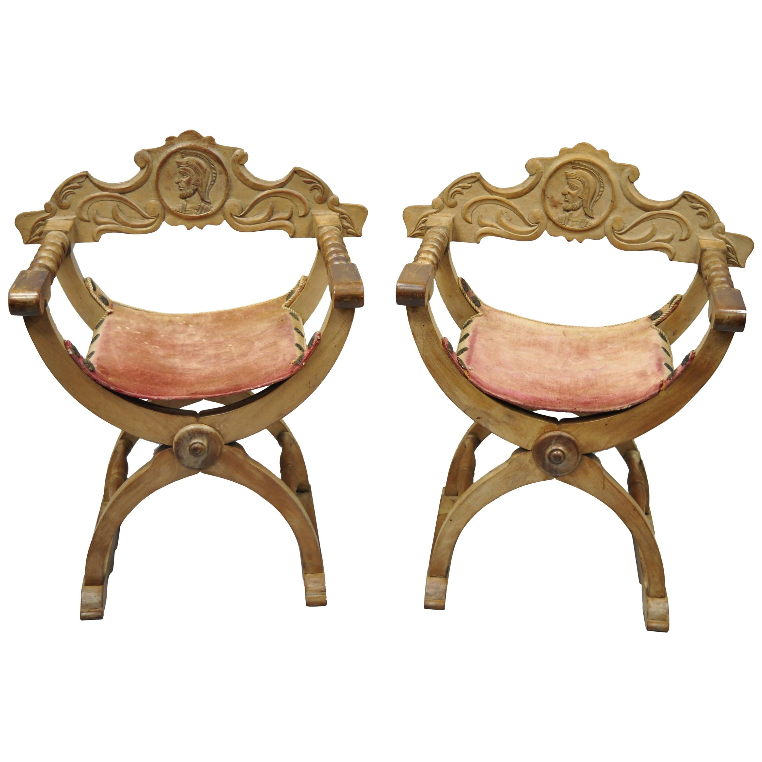 Antique Spanish Renaissance Curule Savonarola Throne Chairs Armchairs, a Pair