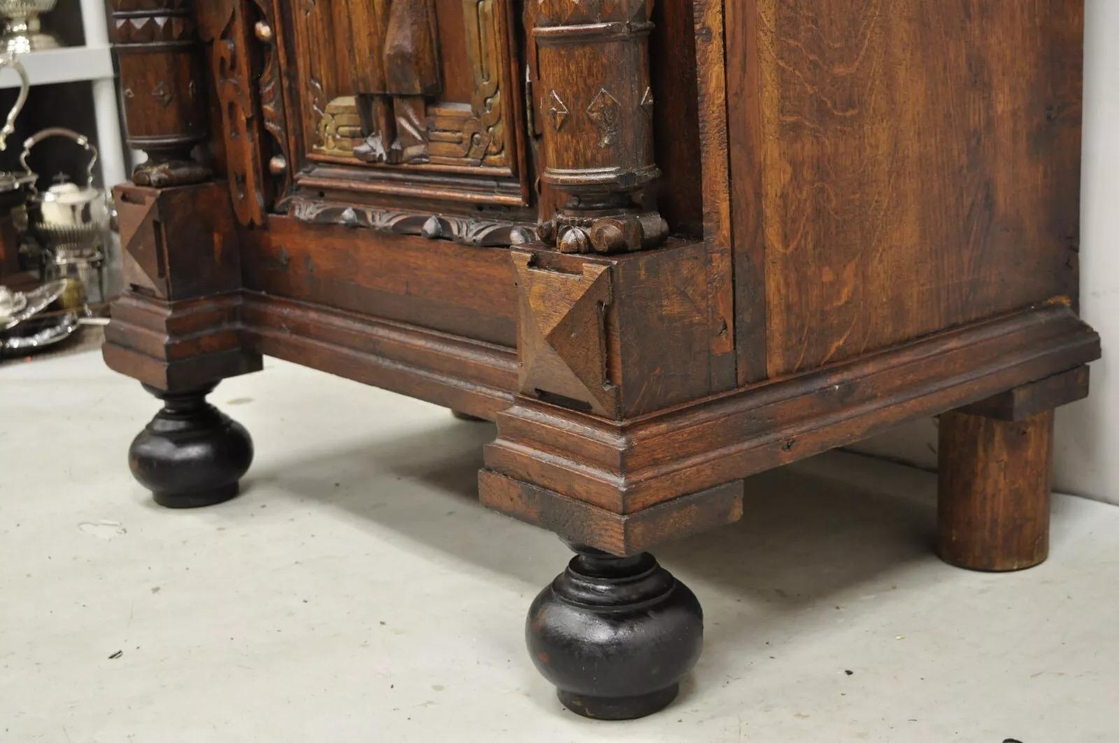 Antique Spanish Renaissance Figural Carved Oak Wood Religious Cupboard Cabinet For Sale 9