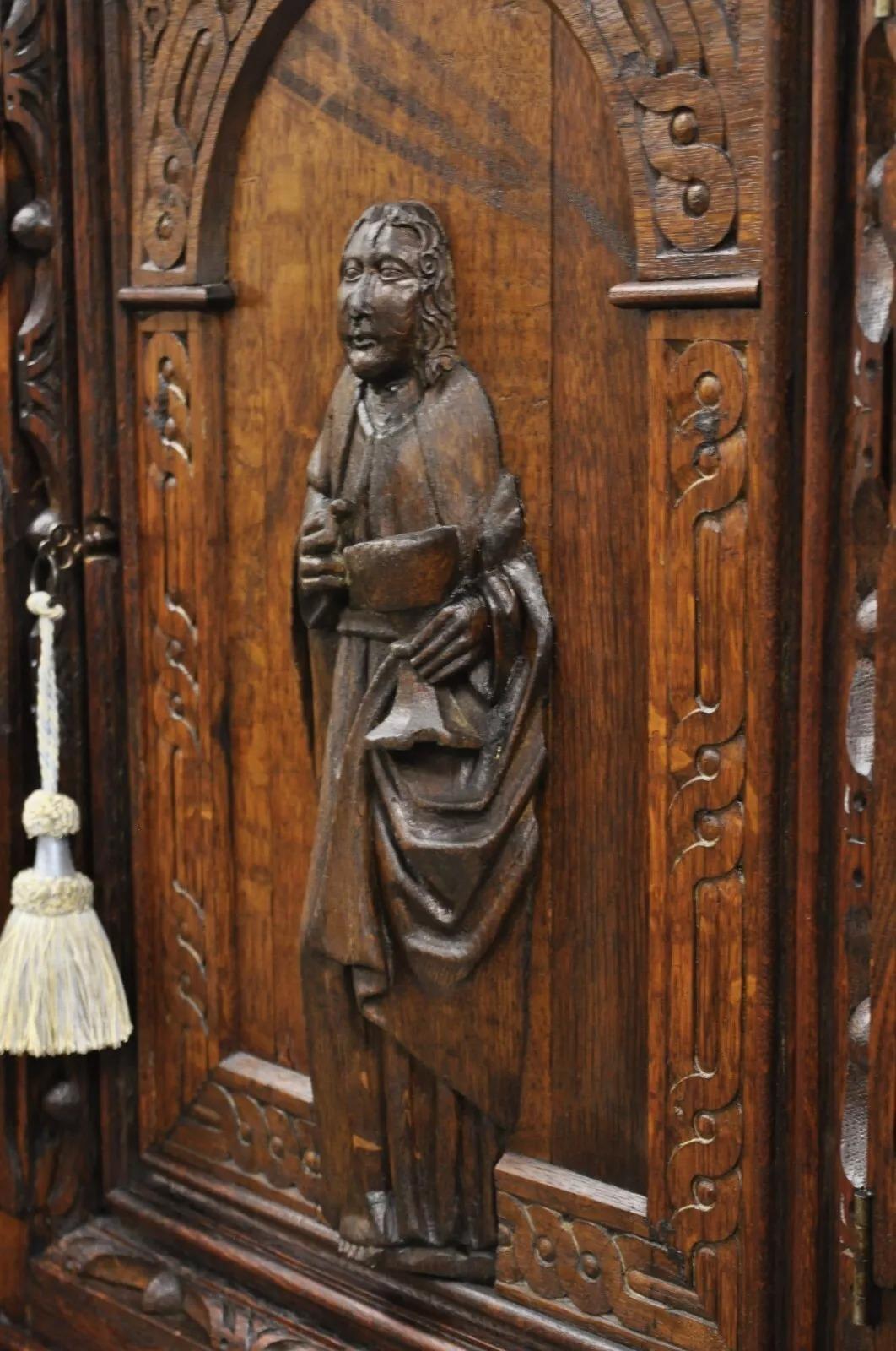 Antique Spanish Renaissance Figural Carved Oak Wood Religious Cupboard Cabinet For Sale 10