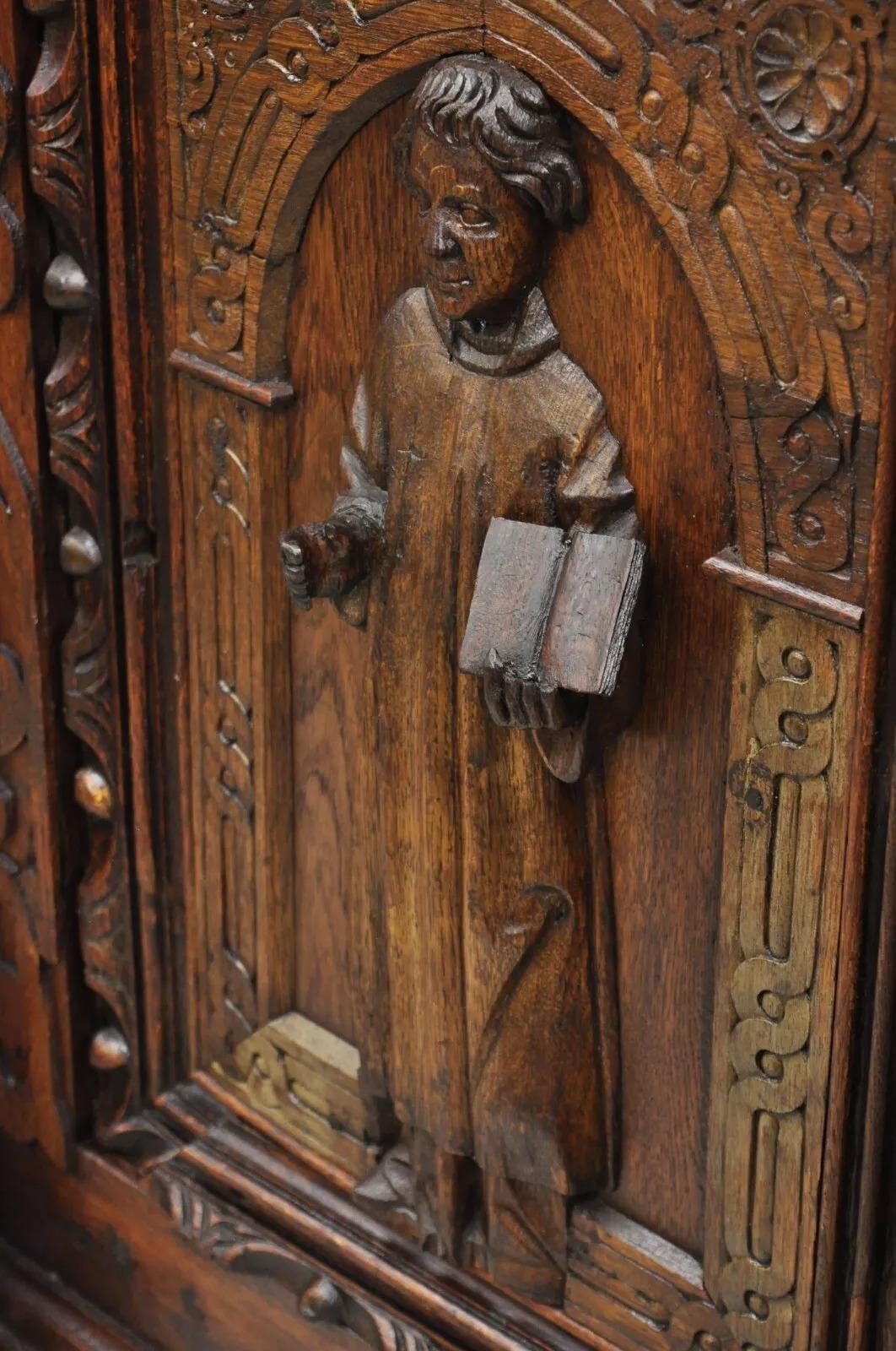 Antique Spanish Renaissance Figural Carved Oak Wood Religious Cupboard Cabinet For Sale 11