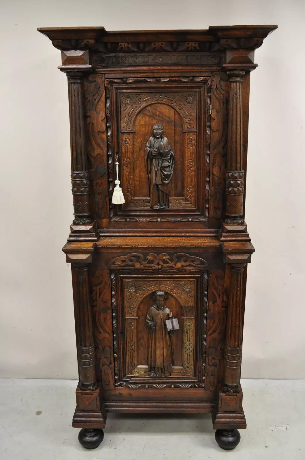Antique Spanish Renaissance Figural Carved Oak Wood Religious Cupboard Cabinet For Sale 12