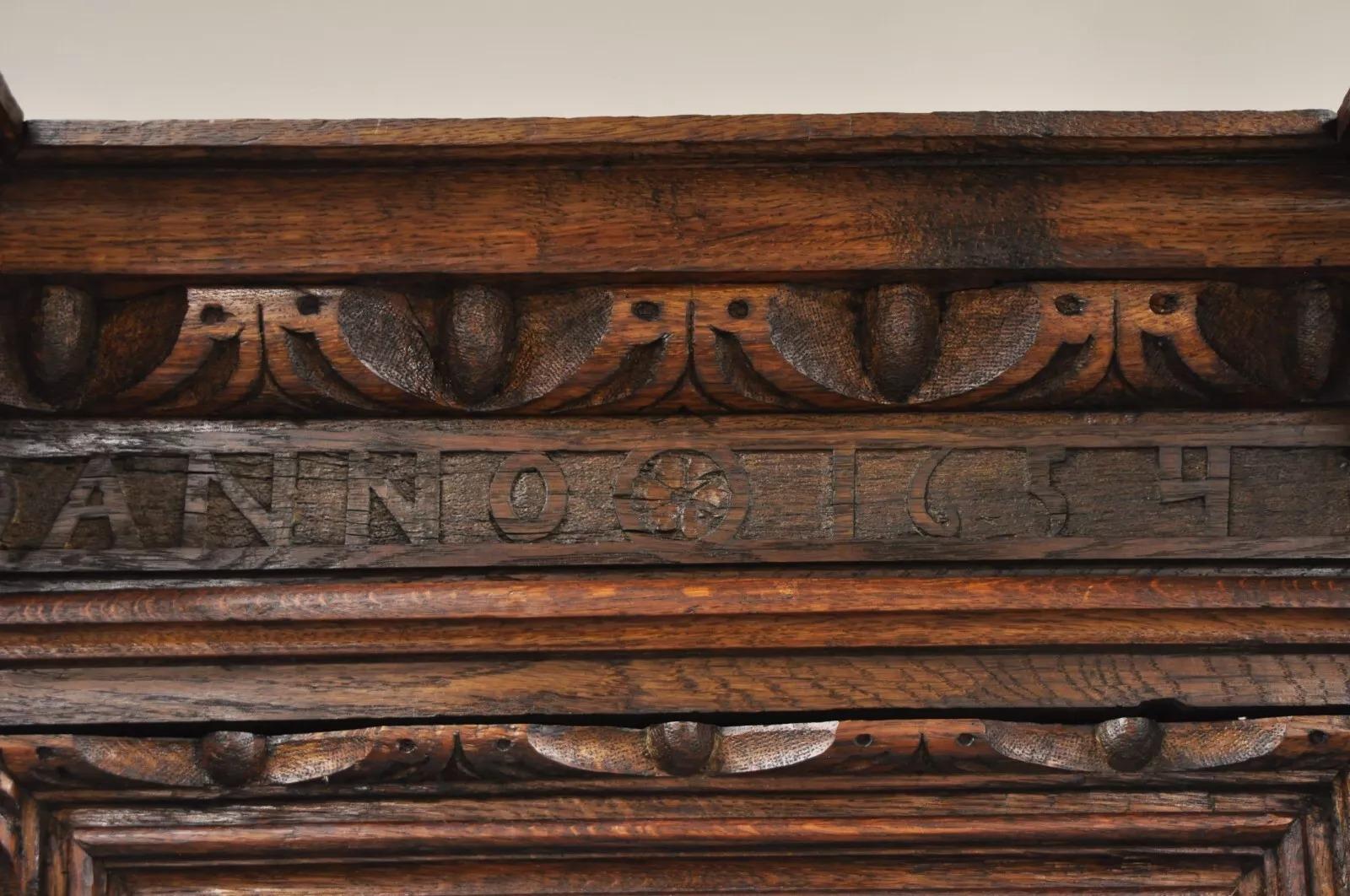 Unknown Antique Spanish Renaissance Figural Carved Oak Wood Religious Cupboard Cabinet For Sale