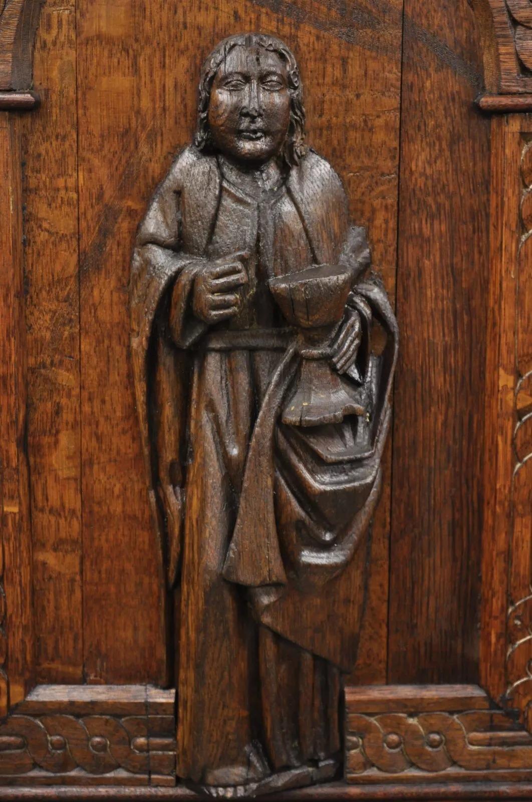 18th Century Antique Spanish Renaissance Figural Carved Oak Wood Religious Cupboard Cabinet For Sale