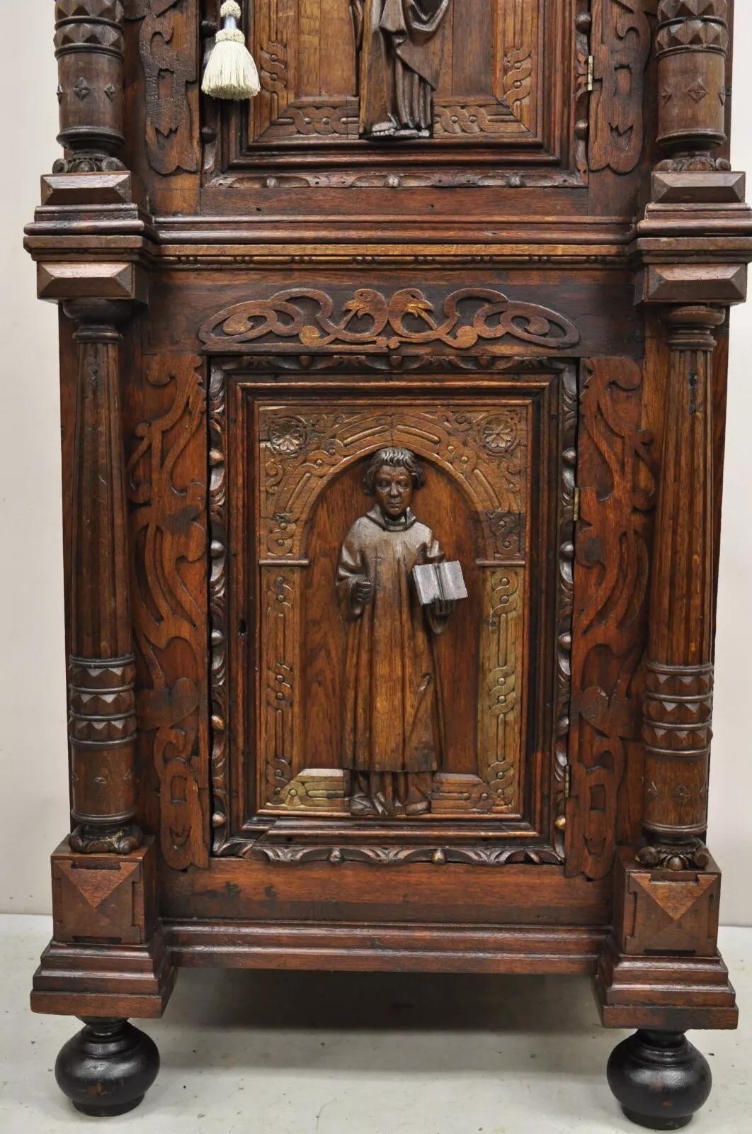 Antique Spanish Renaissance Figural Carved Oak Wood Religious Cupboard Cabinet For Sale 1