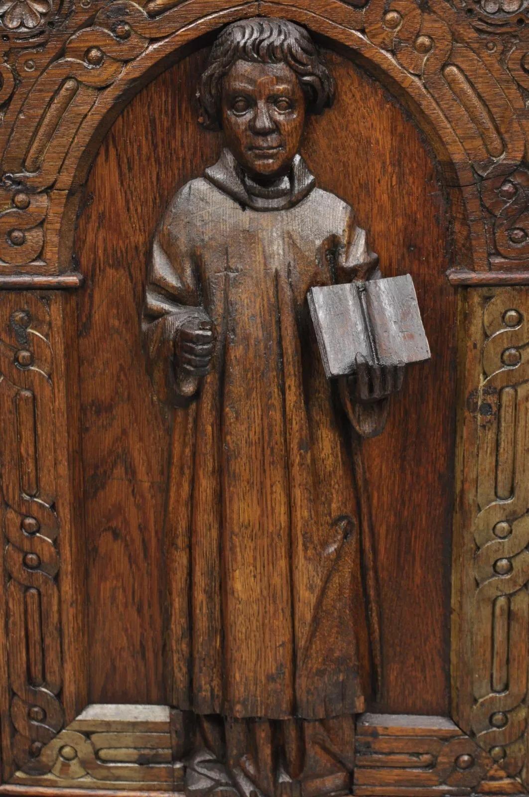 Antique Spanish Renaissance Figural Carved Oak Wood Religious Cupboard Cabinet For Sale 2