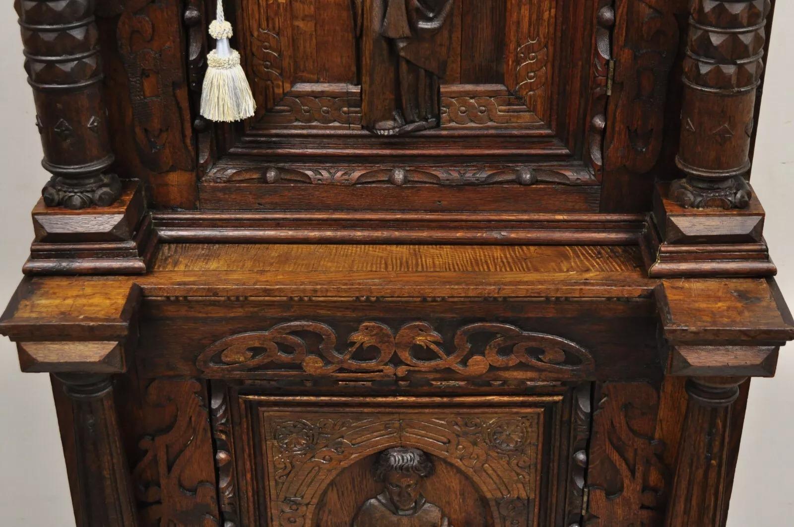 Antique Spanish Renaissance Figural Carved Oak Wood Religious Cupboard Cabinet For Sale 4
