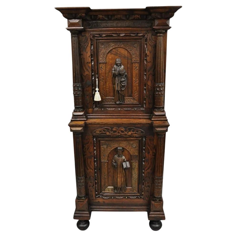 Antike spanische Renaissance Figural geschnitzt Eiche Wood Religiöse Cupboard Schrank