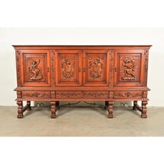 Antique Spanish Renaissance Revival Monumental Ornate Carved Walnut Sideboard