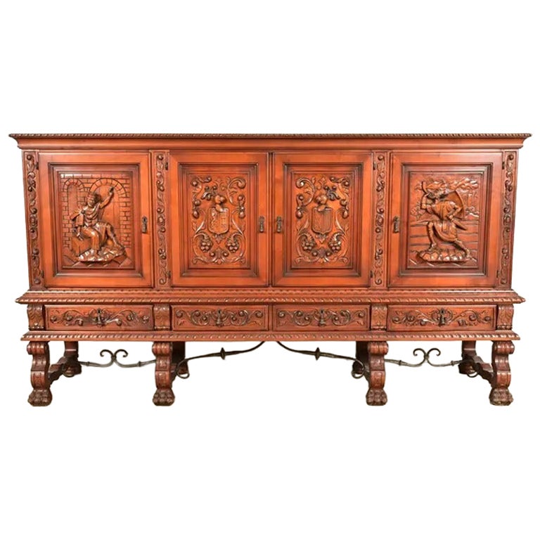 Antique Spanish Renaissance Revival Monumental Ornate Carved Walnut Sideboard