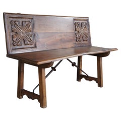 Antique Spanish Renaissance Solid Walnut Carved Foyer Bench Colonial Banquette