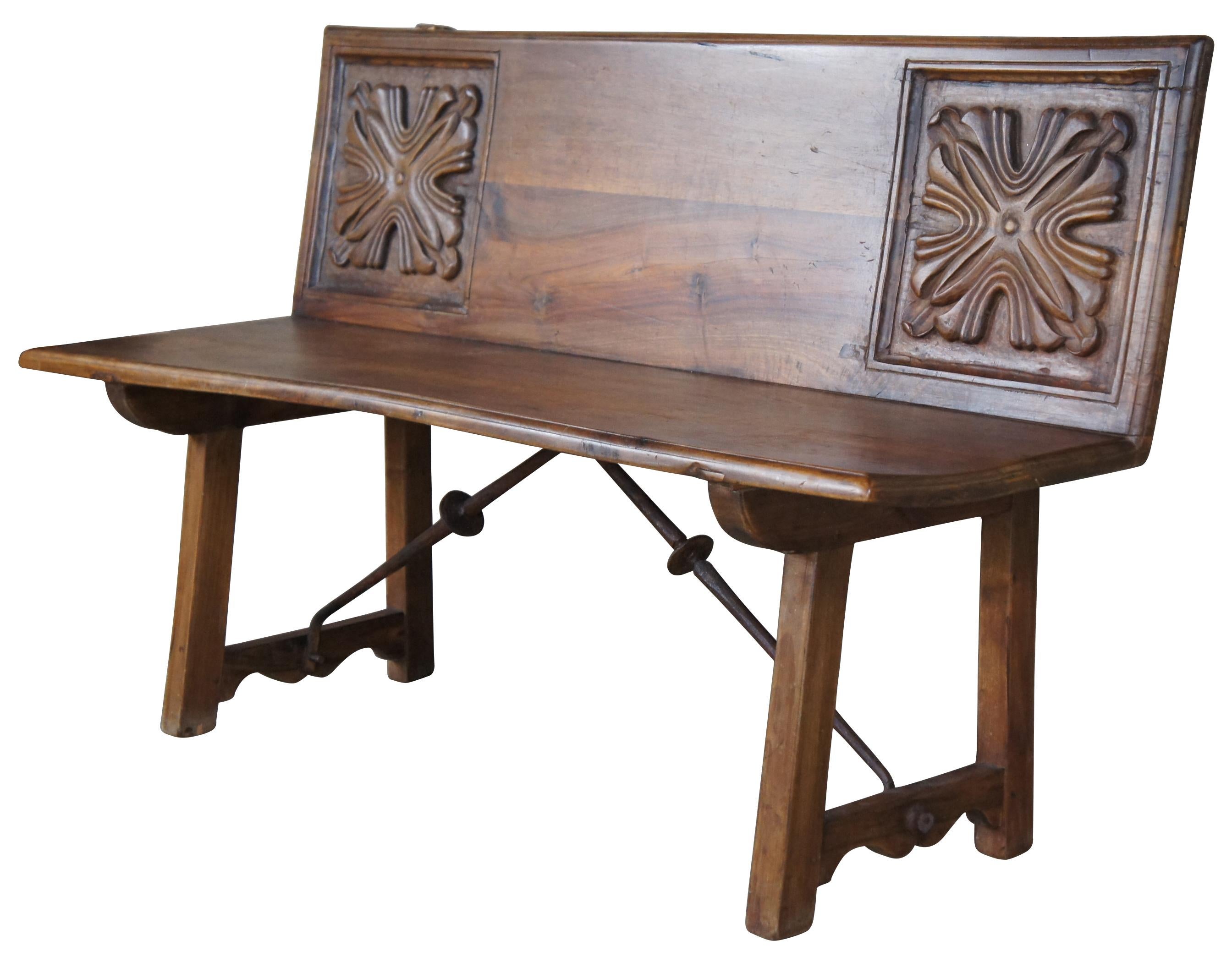 Spanish Colonial Antique Spanish Renaissance Solid Walnut Carved Foyer Bench Colonial Banquette
