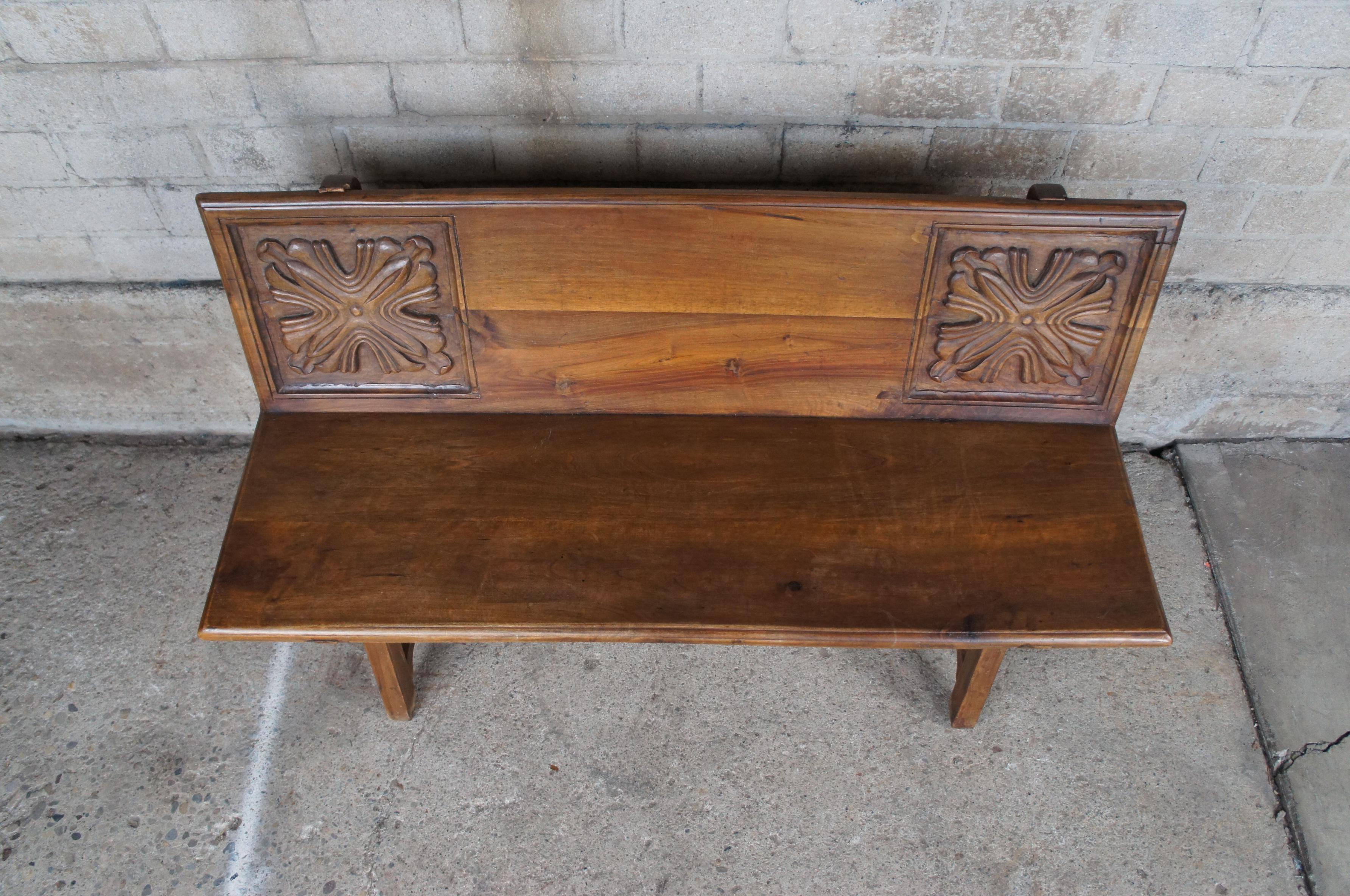 19th Century Antique Spanish Renaissance Solid Walnut Carved Foyer Bench Colonial Banquette