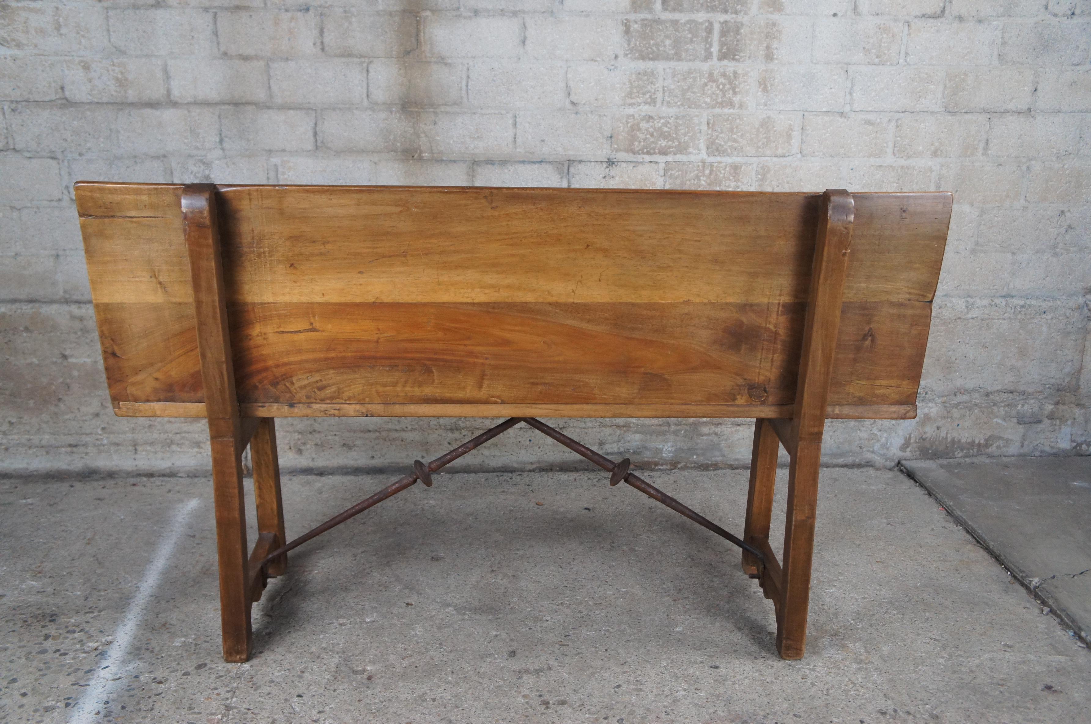Antique Spanish Renaissance Solid Walnut Carved Foyer Bench Colonial Banquette 4