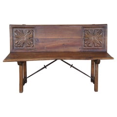 Antique Spanish Renaissance Solid Walnut Carved Foyer Bench Colonial Banquette