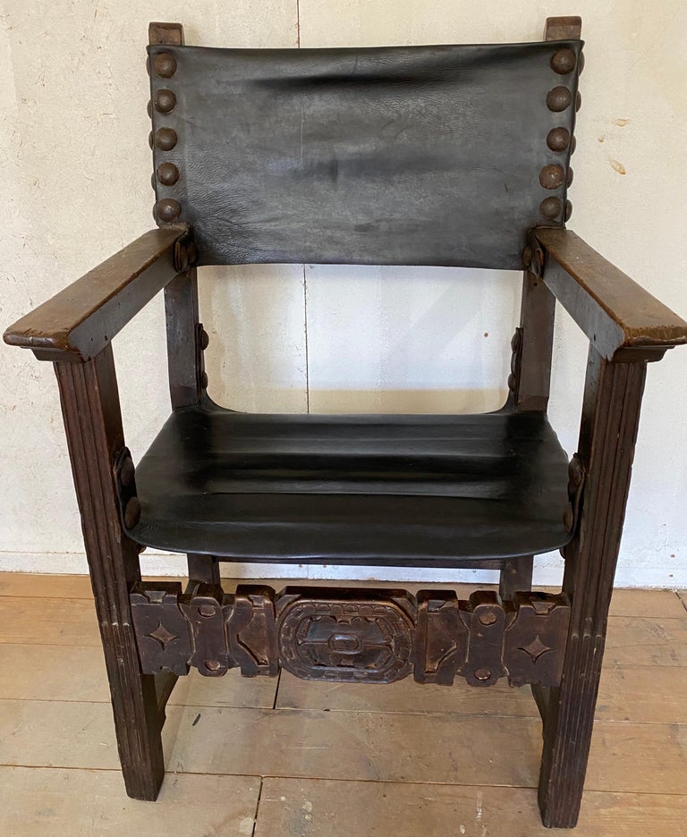 Carved Antique Spanish Renaissance Style Throne Arm Chair For Sale