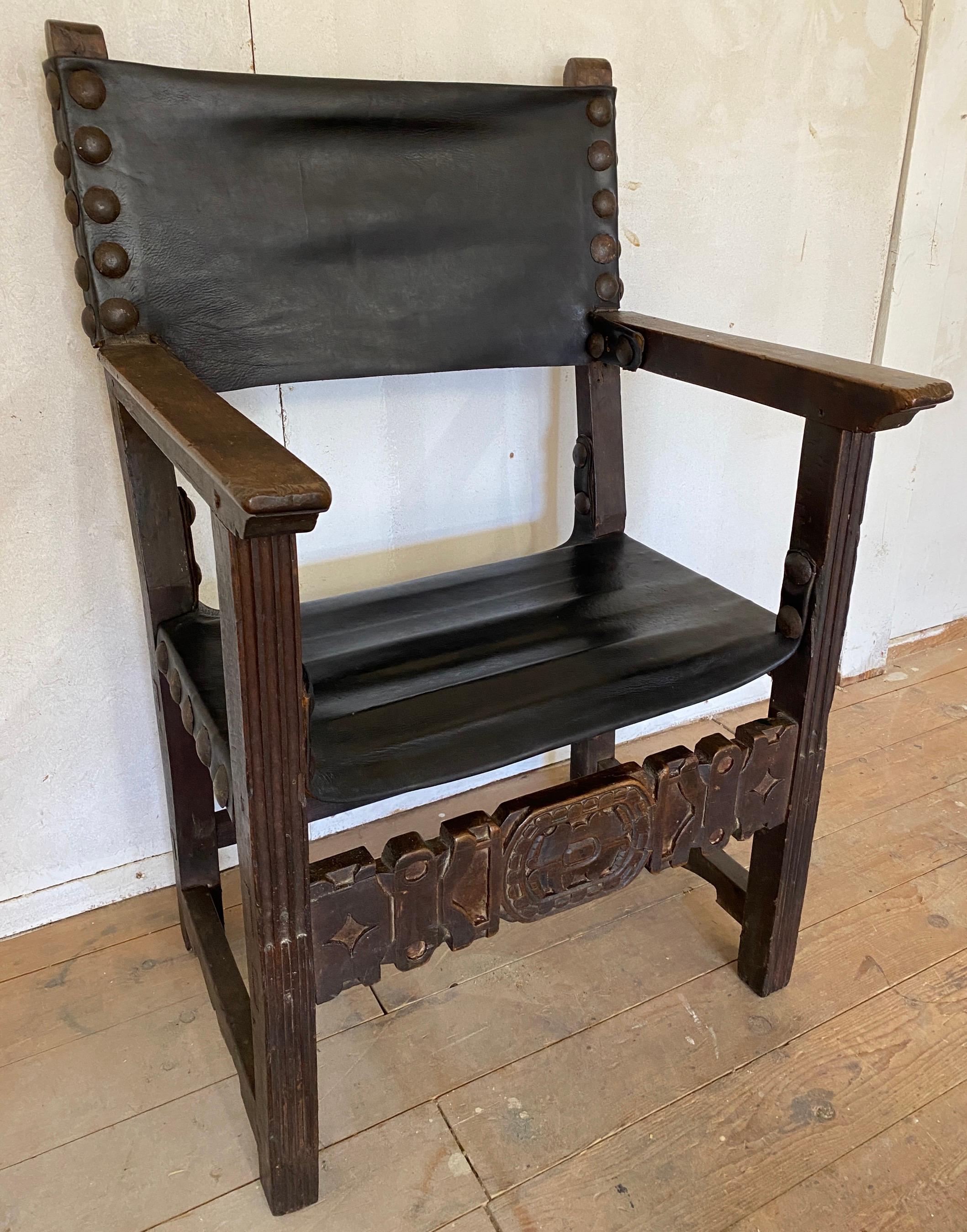 Leather Antique Spanish Renaissance Style Throne Arm Chair For Sale