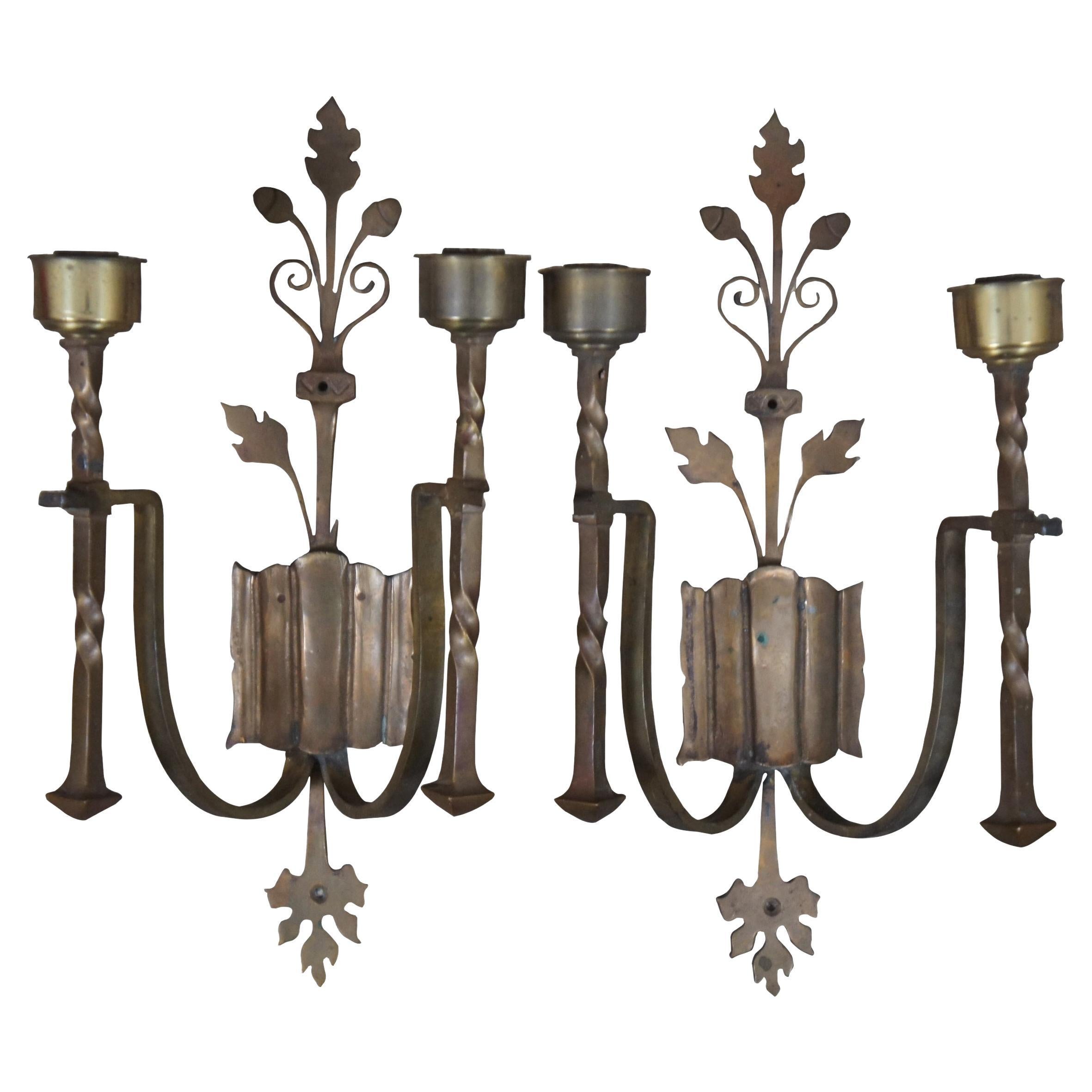 Antique Spanish Revival Brass Arorn 2 Arm Candle Holder Wall Sconces