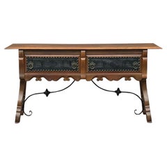 Antique Spanish Revival Credenza With Tooled Leather Drawer Fronts & Brass Tacks