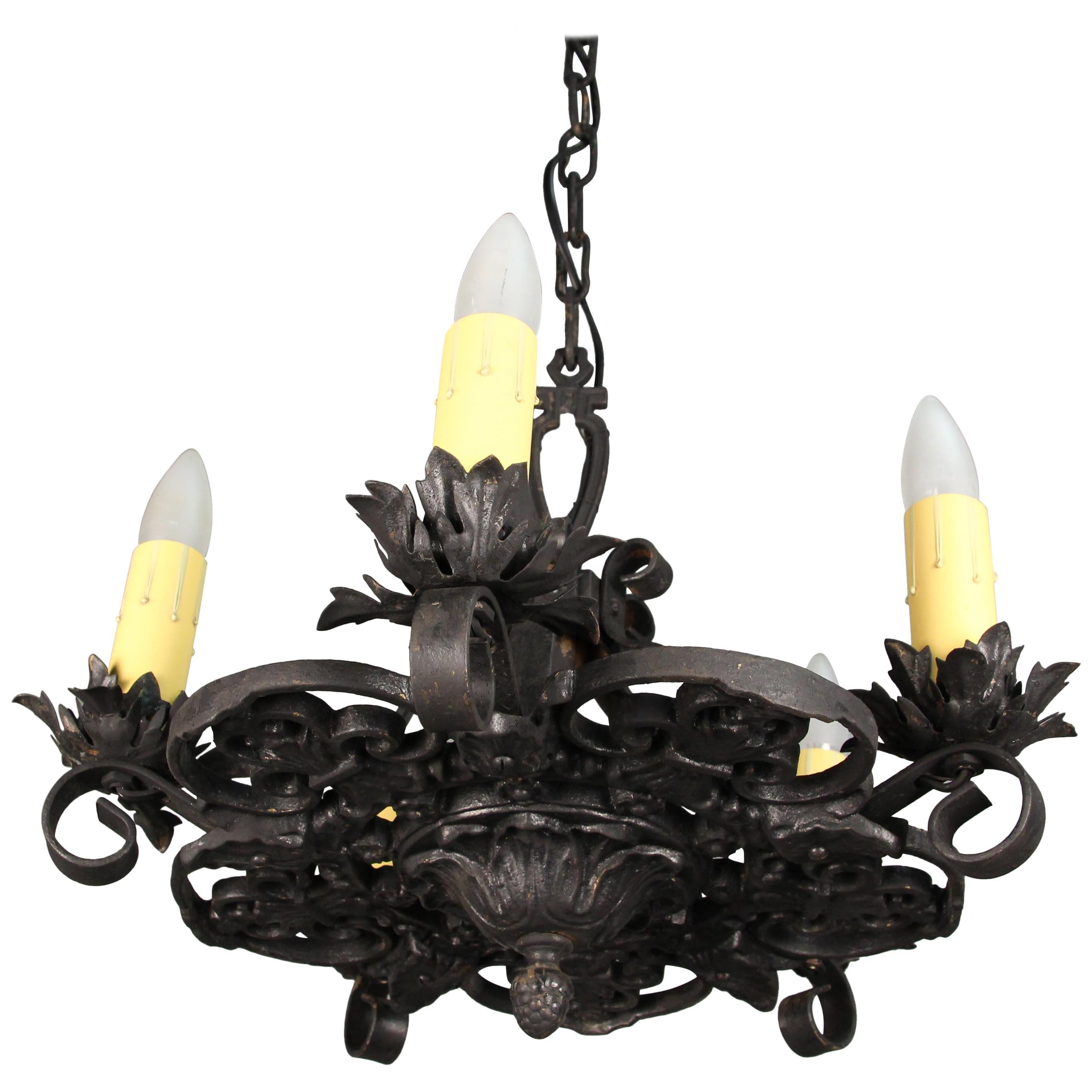 Antique Spanish Revival Iron Chandelier Light with Acanthus Motif