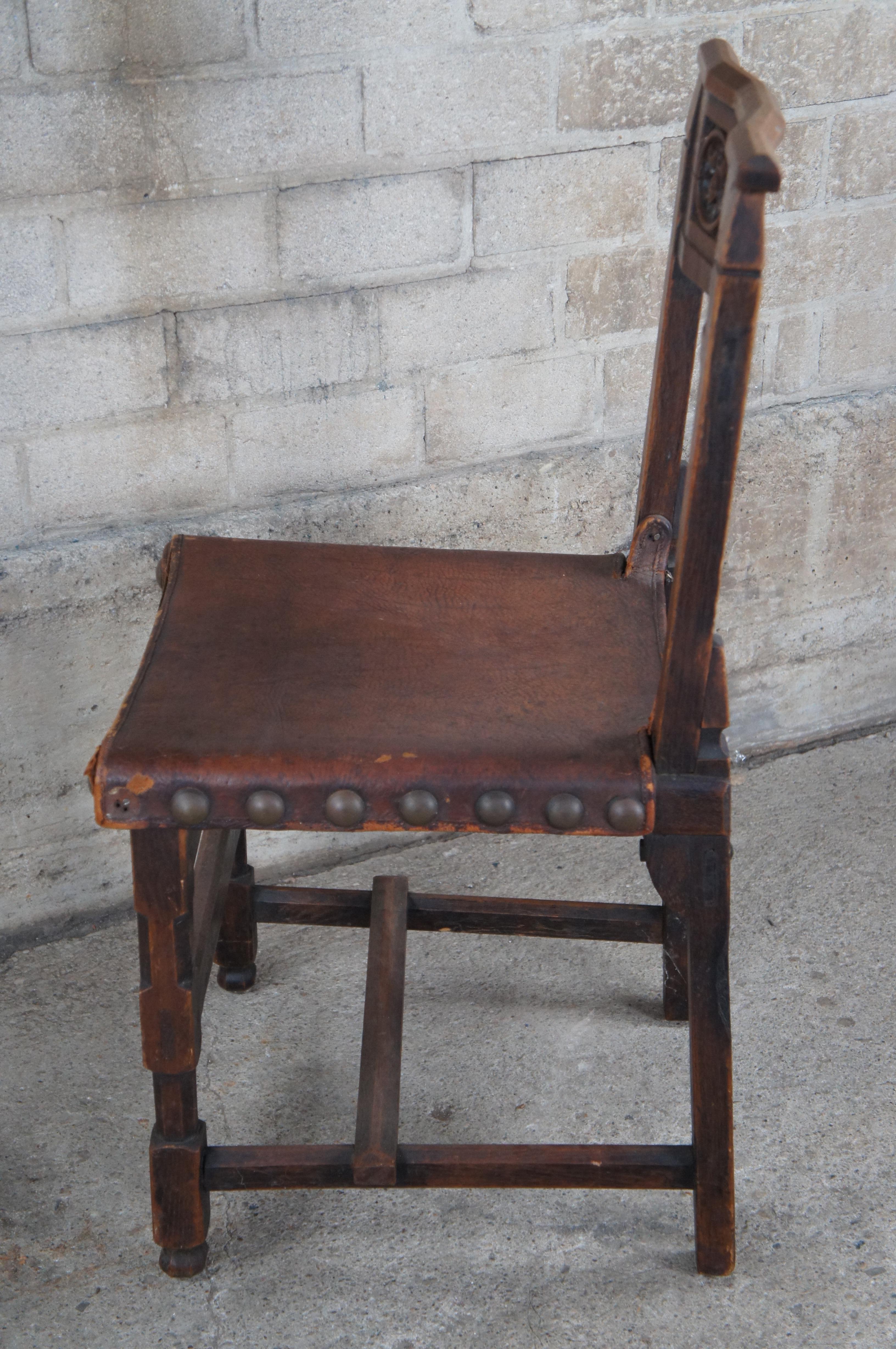 Antique Spanish Revival Quartersawn Oak Leather Nailhead Side Chair For Sale 5