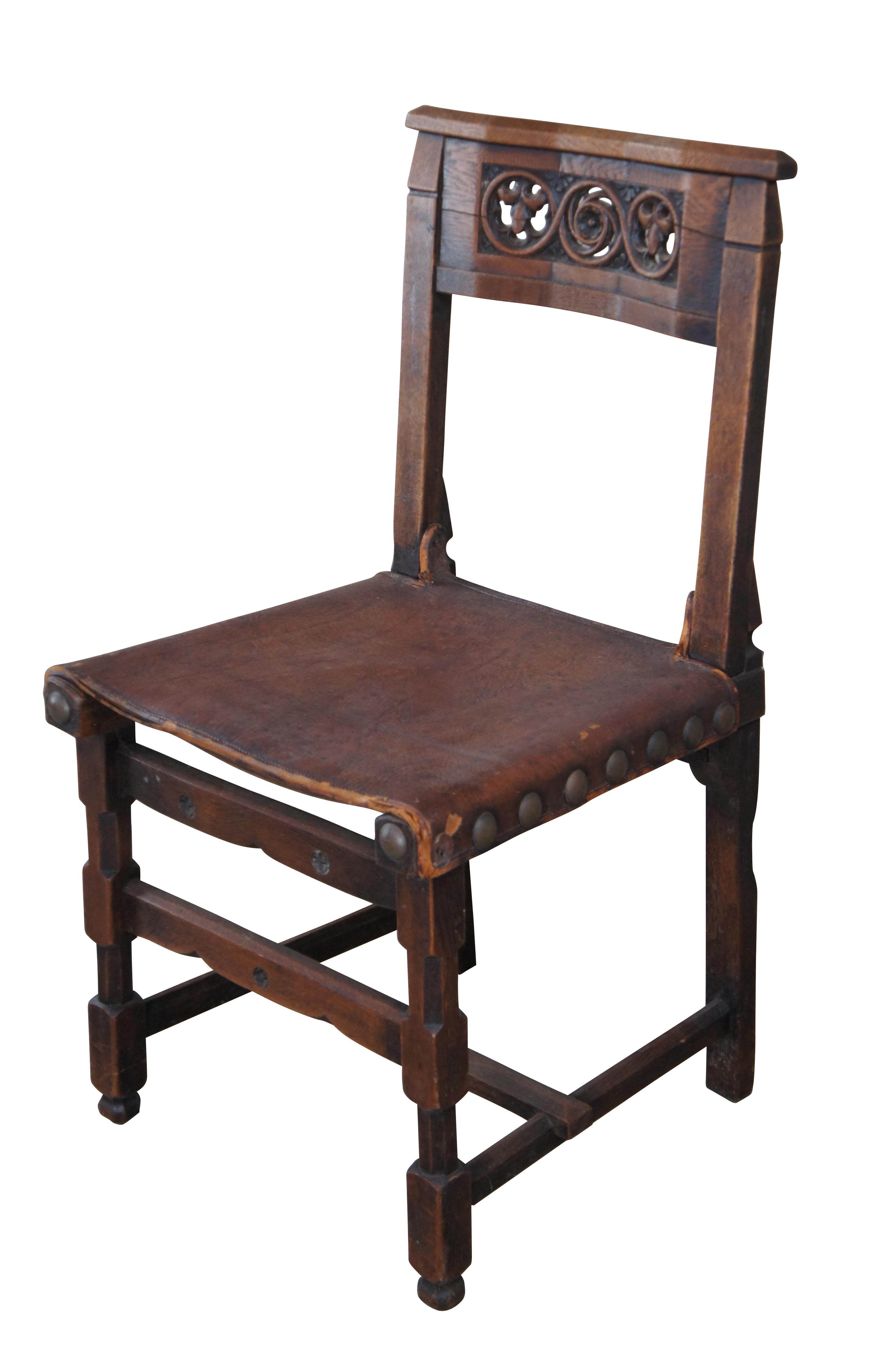 Spanish Colonial Antique Spanish Revival Quartersawn Oak Leather Nailhead Side Chair For Sale