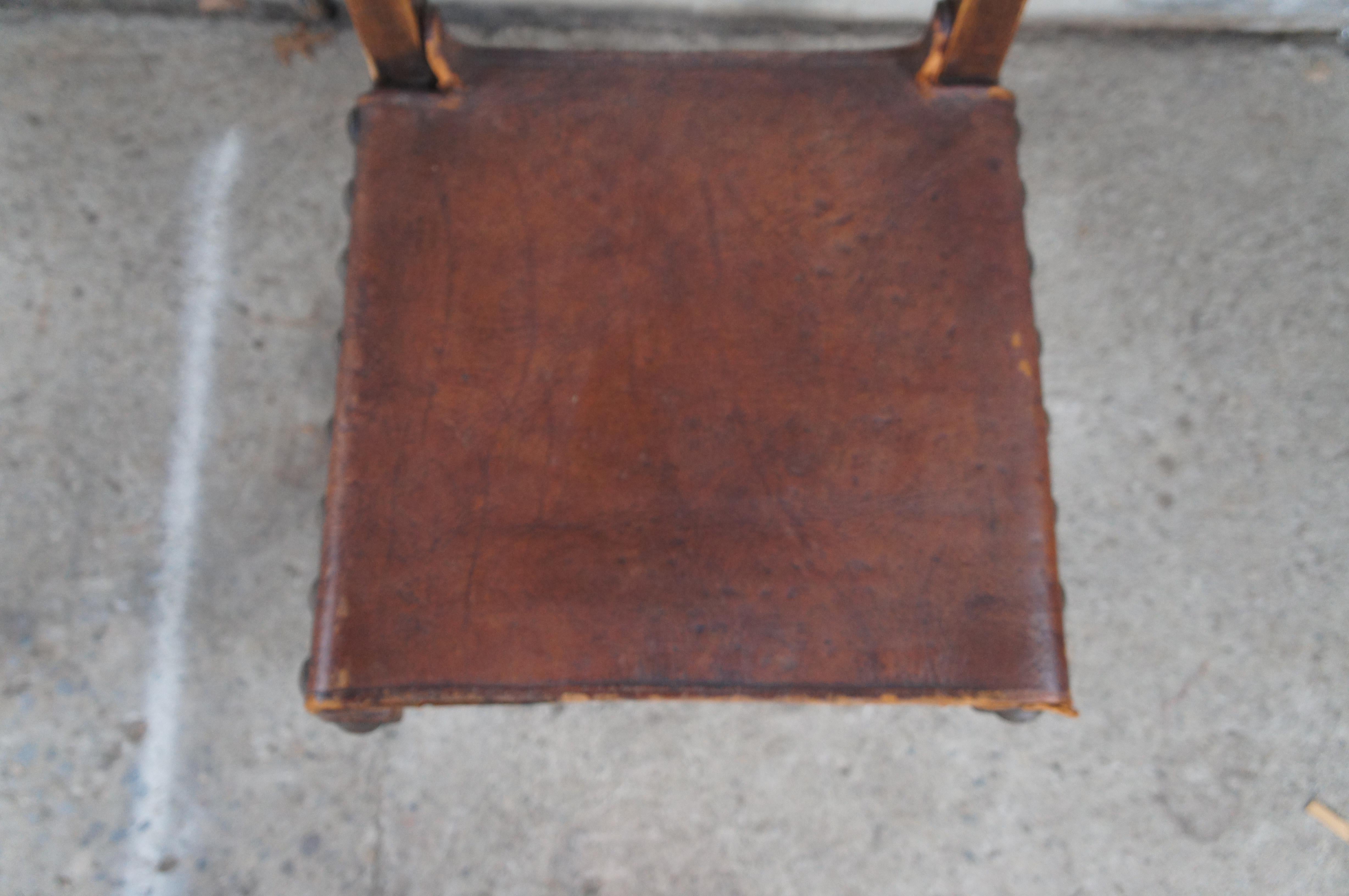 20th Century Antique Spanish Revival Quartersawn Oak Leather Nailhead Side Chair For Sale