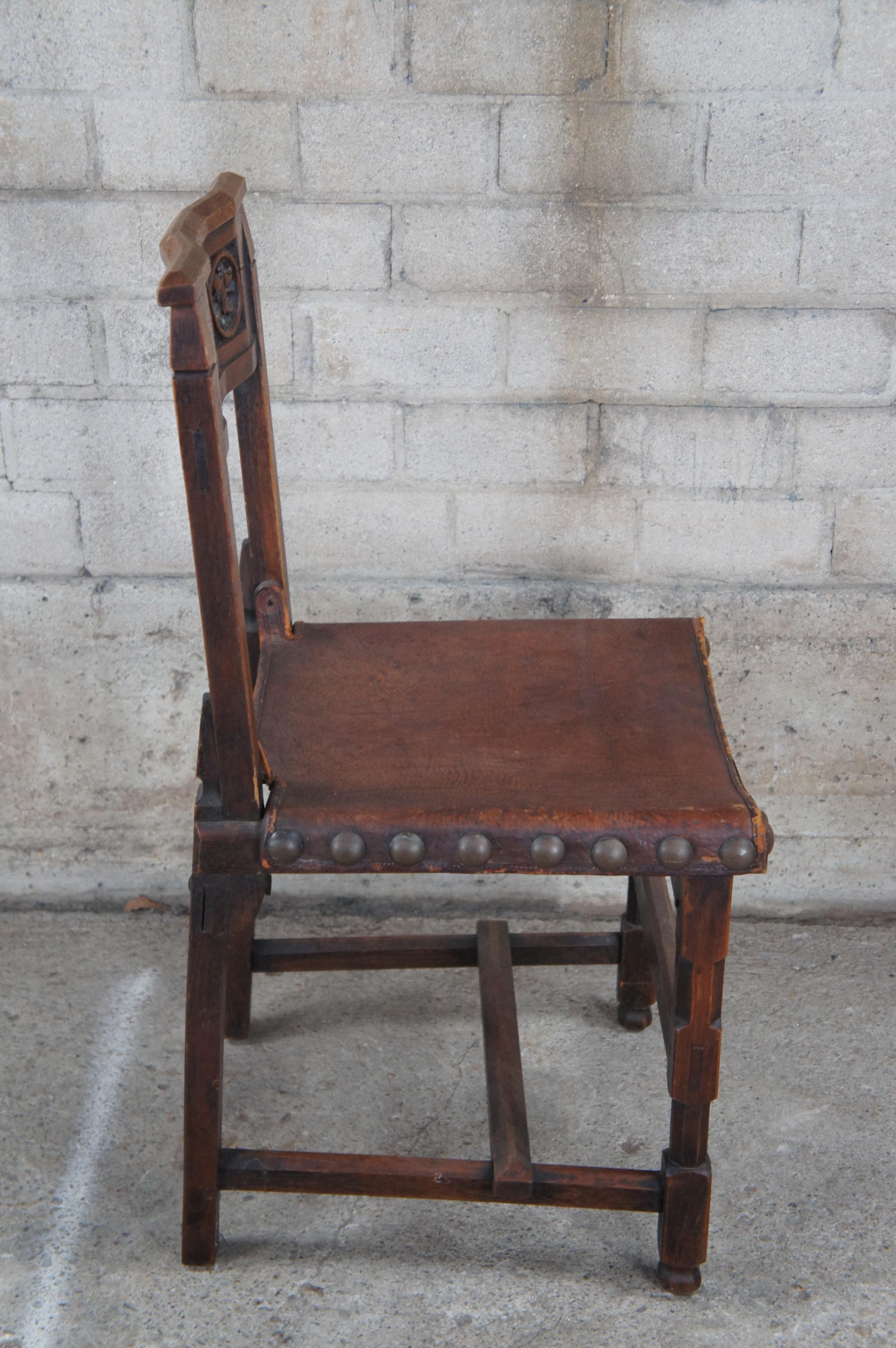 Antique Spanish Revival Quartersawn Oak Leather Nailhead Side Chair For Sale 1