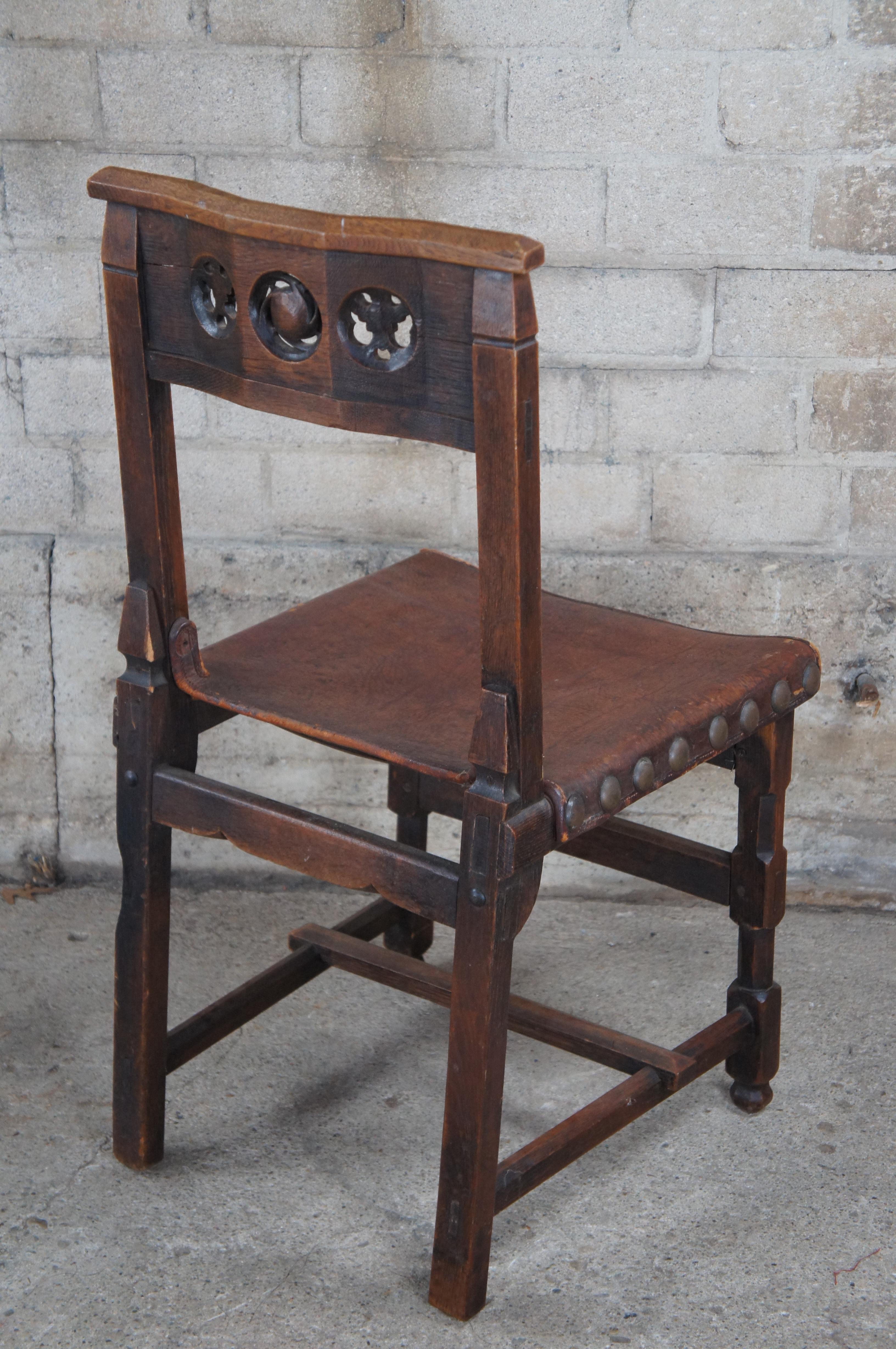 Antique Spanish Revival Quartersawn Oak Leather Nailhead Side Chair For Sale 2