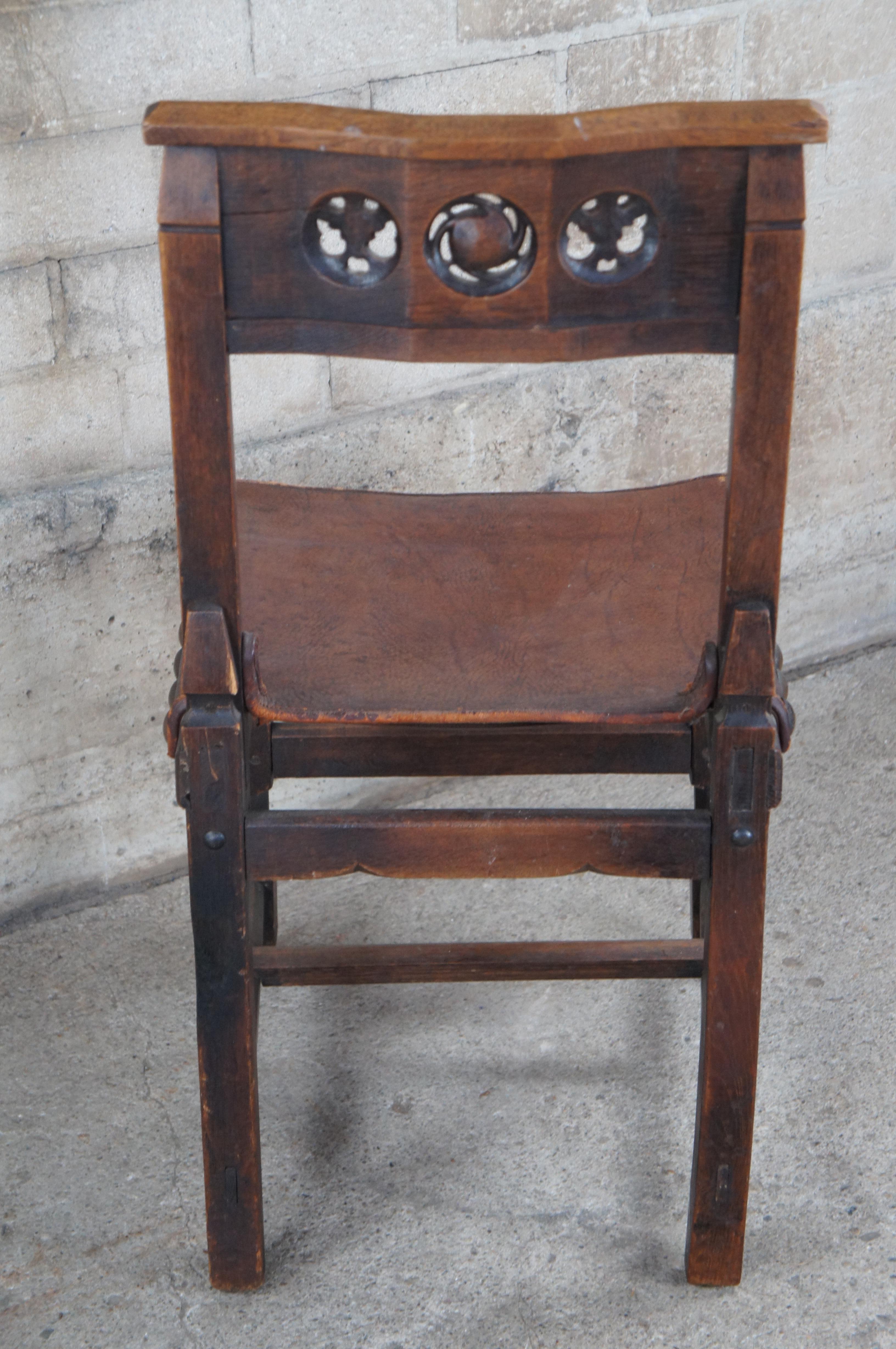 Antique Spanish Revival Quartersawn Oak Leather Nailhead Side Chair For Sale 3