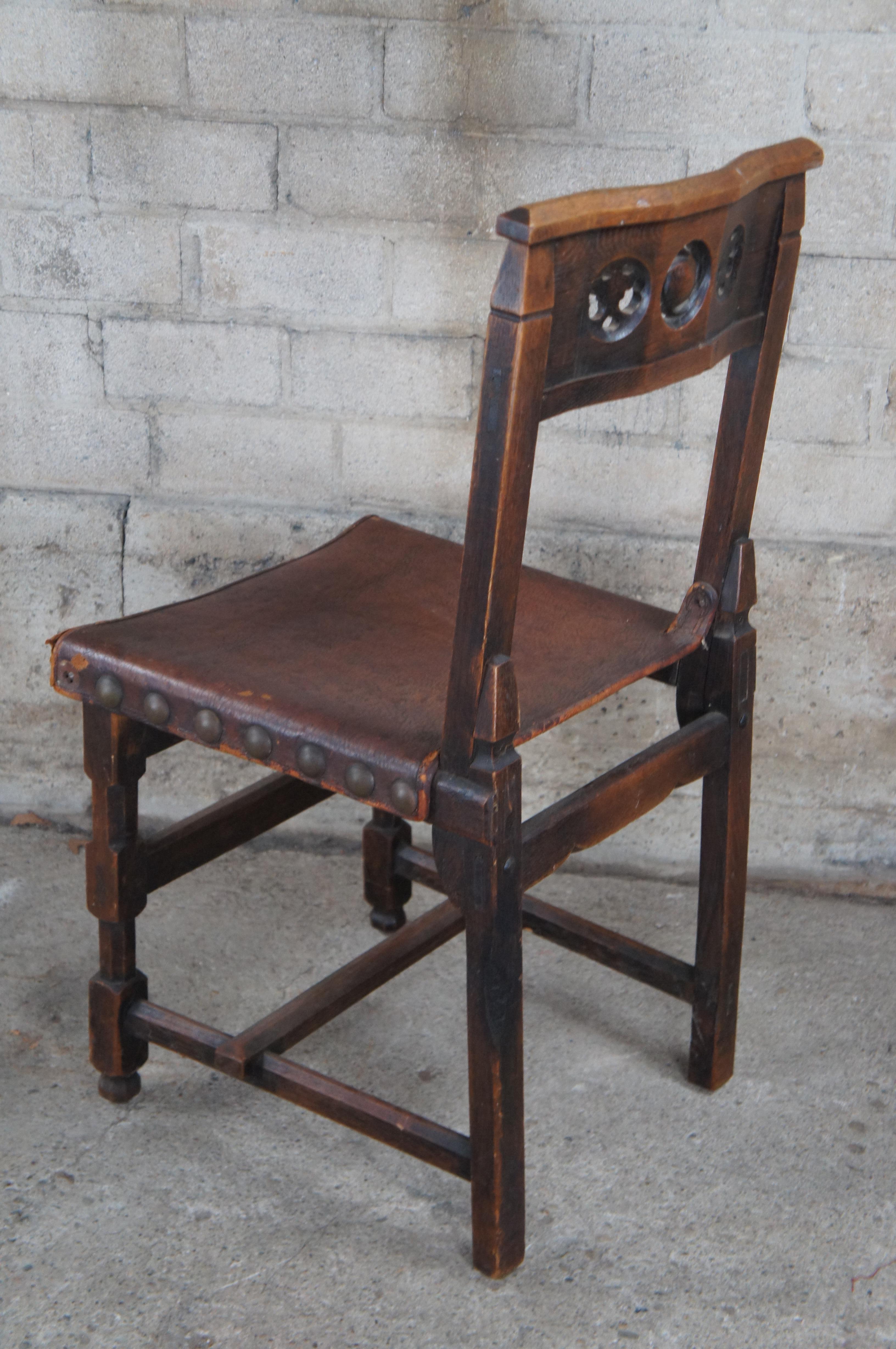 Antique Spanish Revival Quartersawn Oak Leather Nailhead Side Chair For Sale 4