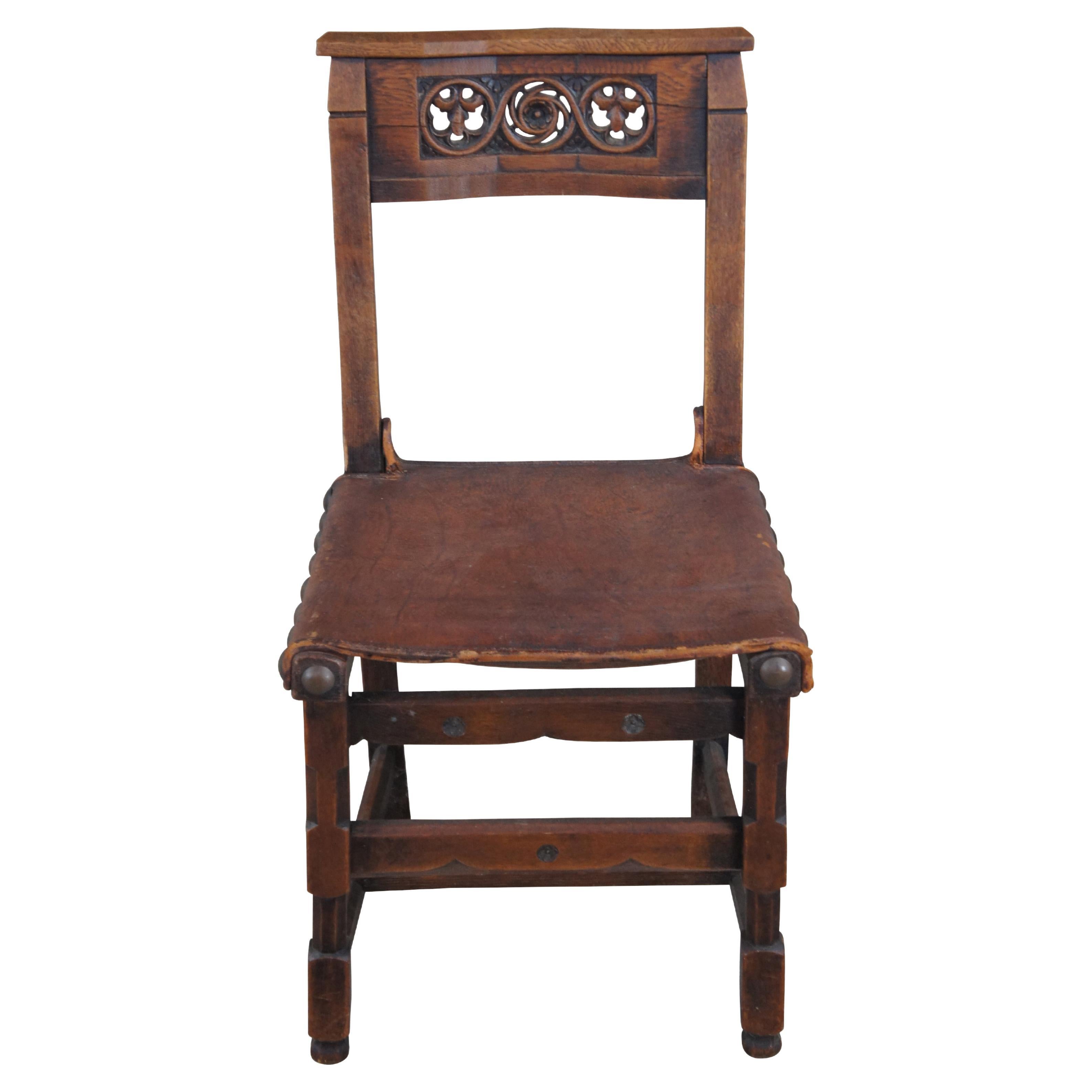 Antique Spanish Revival Quartersawn Oak Leather Nailhead Side Chair For Sale