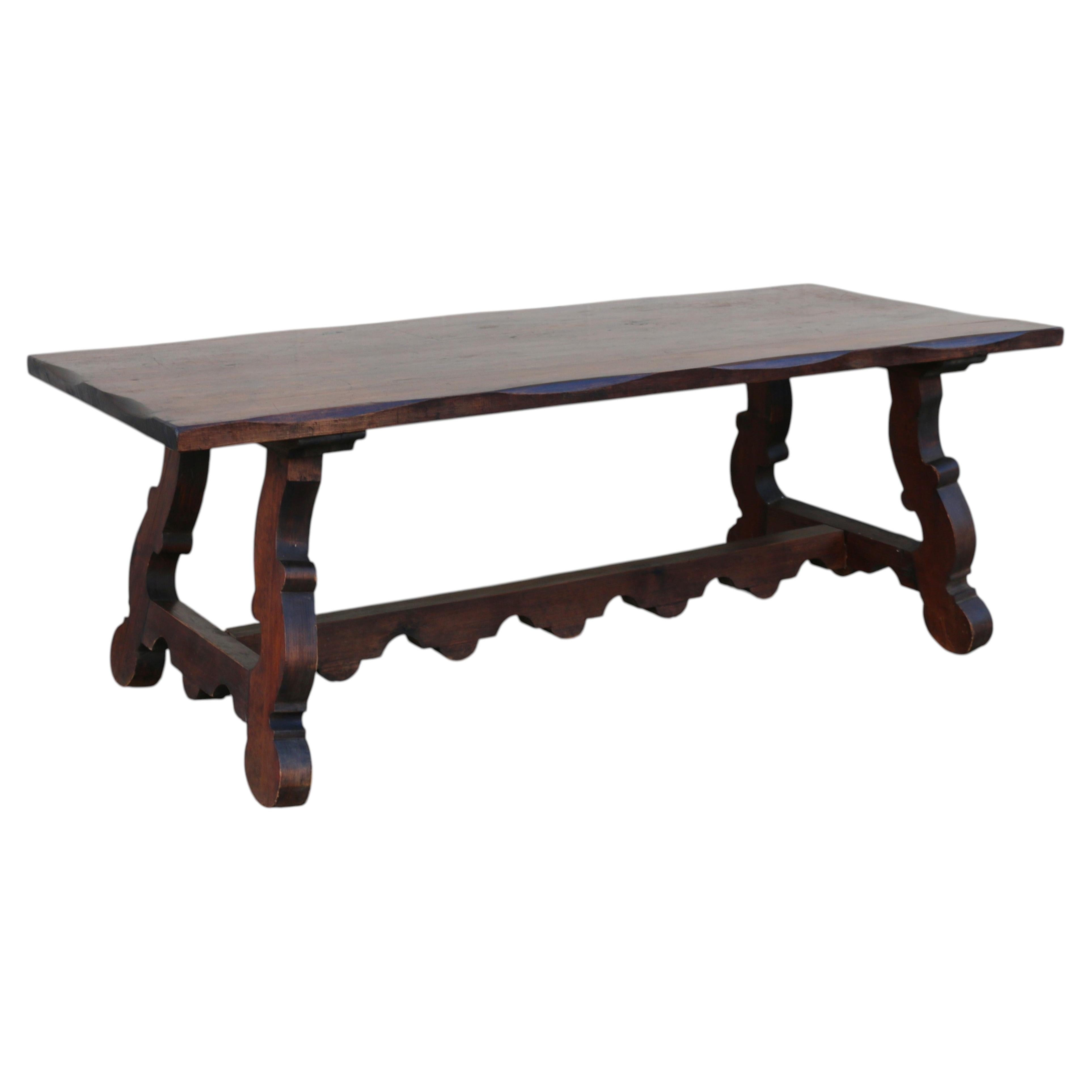 Antique Spanish Revival Solid Wood Trestle Dining Table, Mid 20th Century