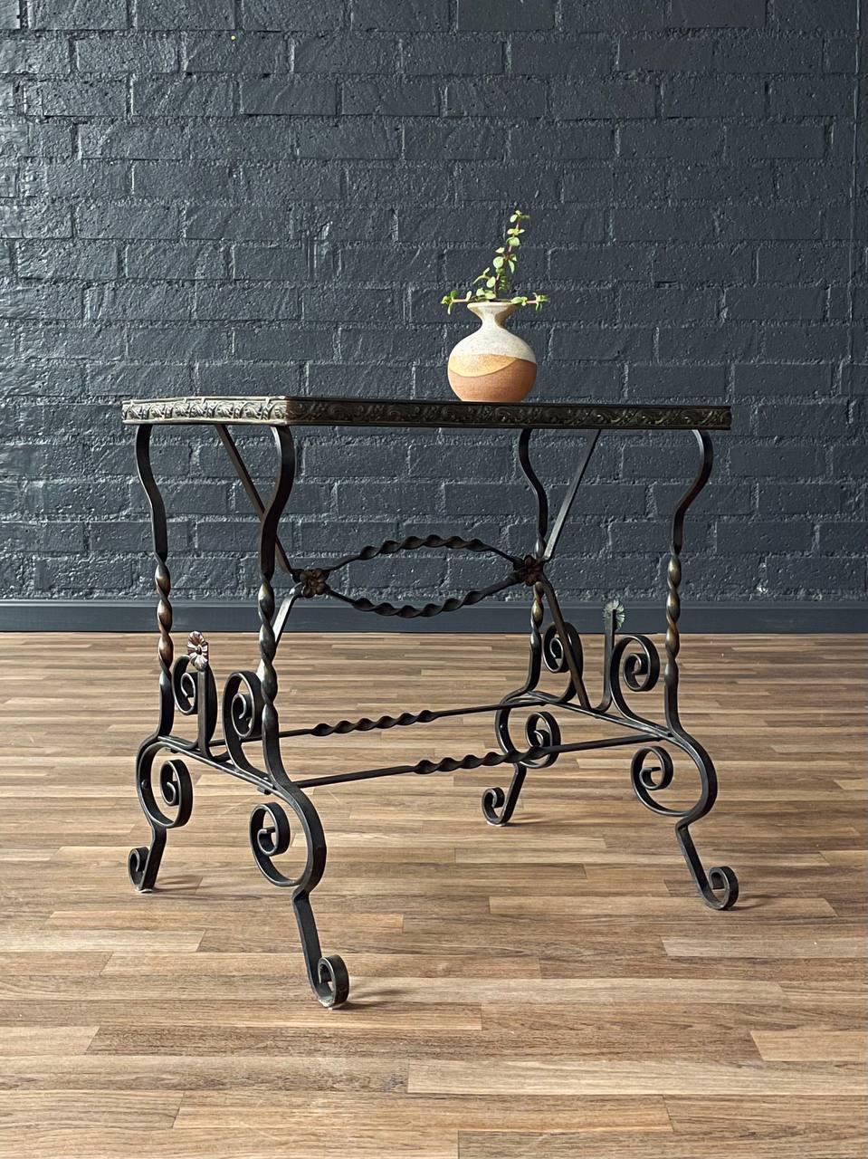 American Antique Spanish Revival Style Wrought Iron & Glass Side Table For Sale