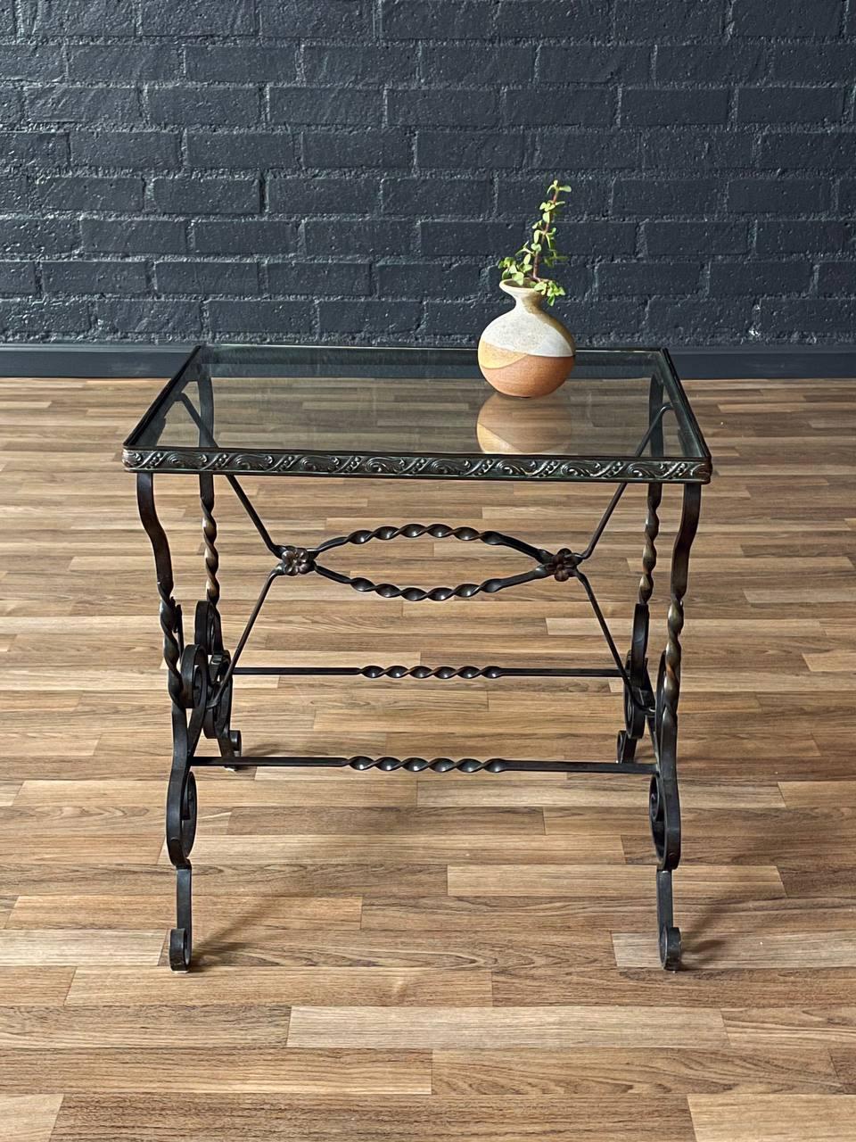 Antique Spanish Revival Style Wrought Iron & Glass Side Table In Good Condition For Sale In Los Angeles, CA