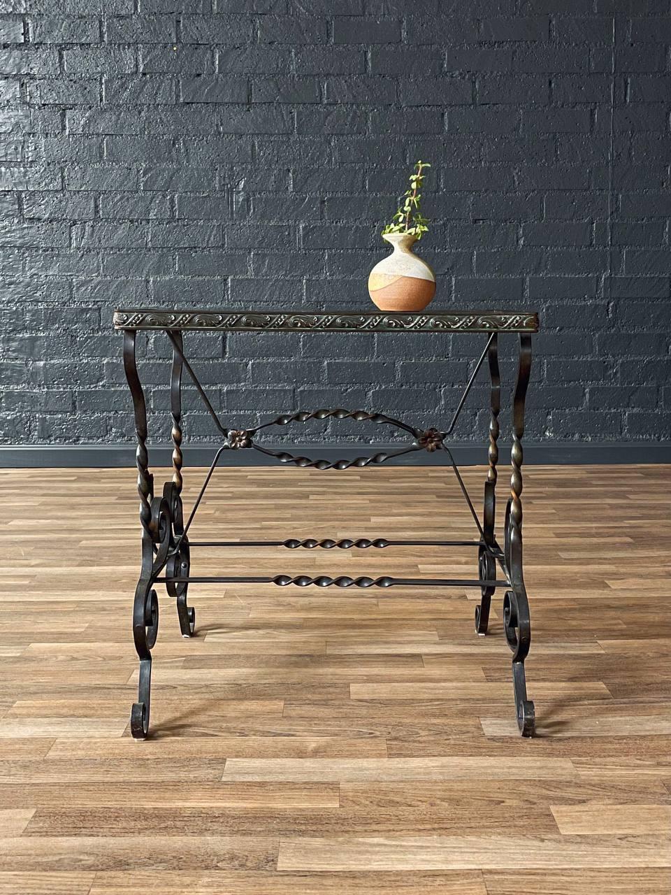 Mid-20th Century Antique Spanish Revival Style Wrought Iron & Glass Side Table For Sale