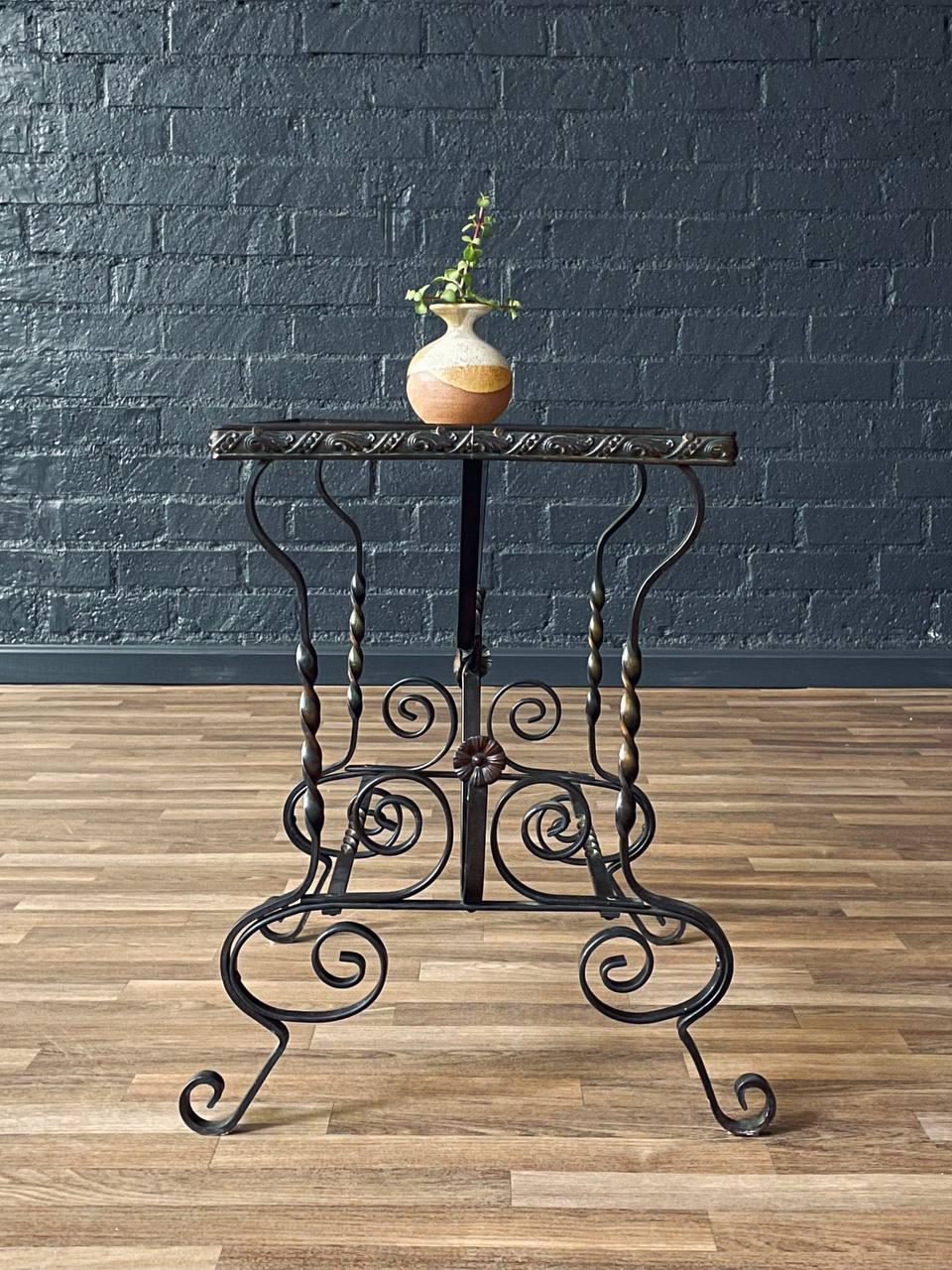 Antique Spanish Revival Style Wrought Iron & Glass Side Table For Sale 1