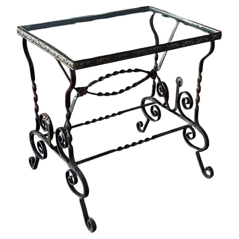Antique Spanish Revival Style Wrought Iron & Glass Side Table For Sale